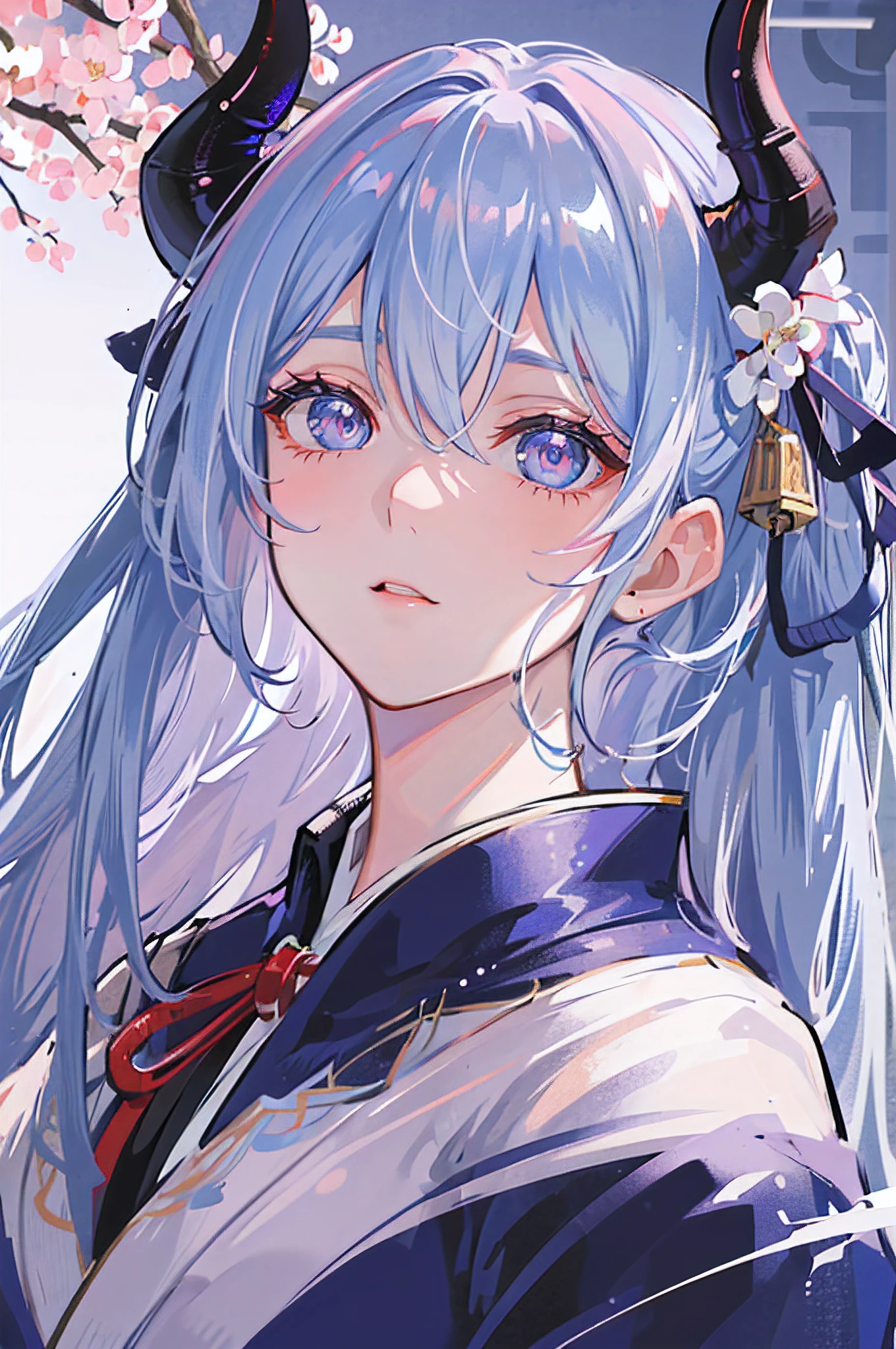 (best quality, high-res, masterpiece:1.2), perfect face, (cold expression), detailed eyes, elegant, (heterochromatic eyes), (curved blue horns), dragon woman, wearing a white and brown elegant kimono, cherry blossom background, long silver hair, side view, looking at viewer