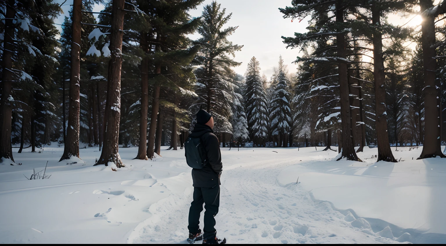 Man admiring snowy woods