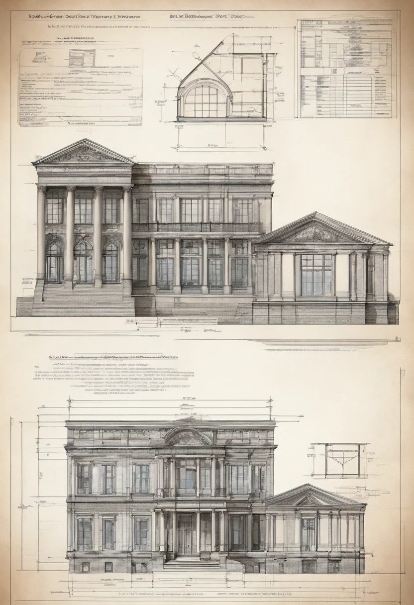 "Highly detailed architectural blueprints,Hand drawn in pencil，Precise measurements and specifications,, Accurately represent materials and textures, Technical drawings with clear annotations, Professional-grade detail and accuracy."