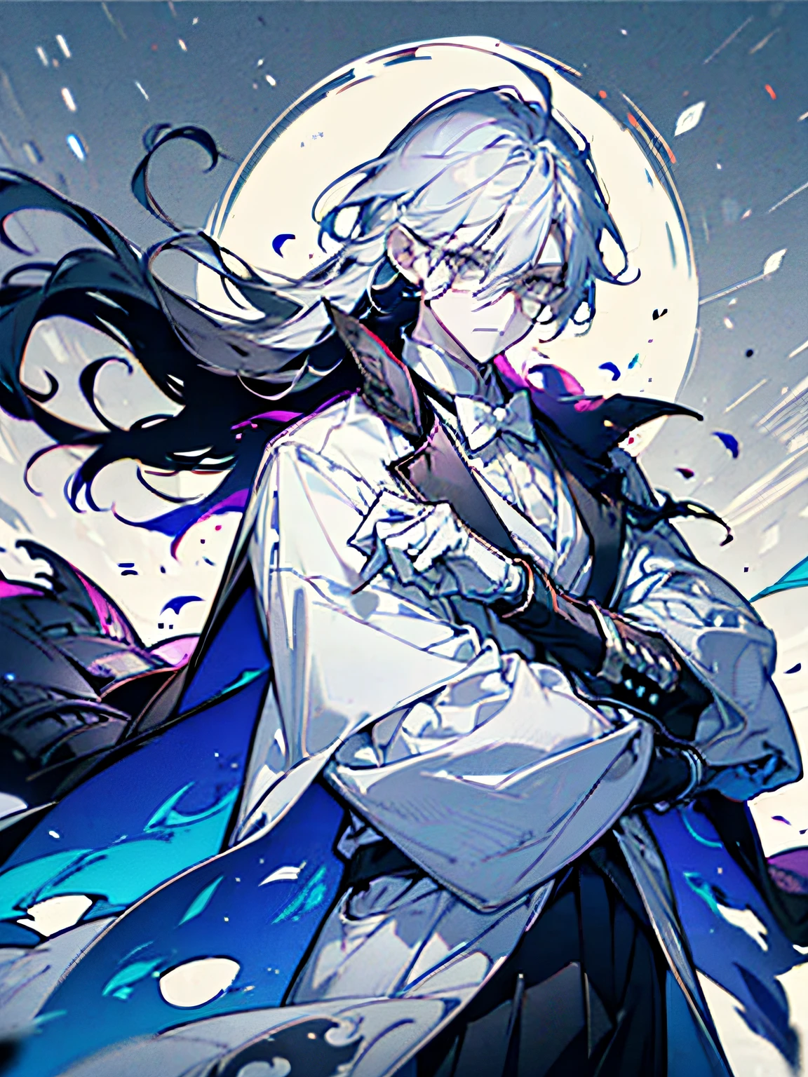 male . long swept back silver grey hair. ancient like. round smart looking glasses. grey gloves. cold eyes. villain vibes. white heavenly aura. holding floating cube mage. white tuxedo. floating cape. Sly. Cold stare