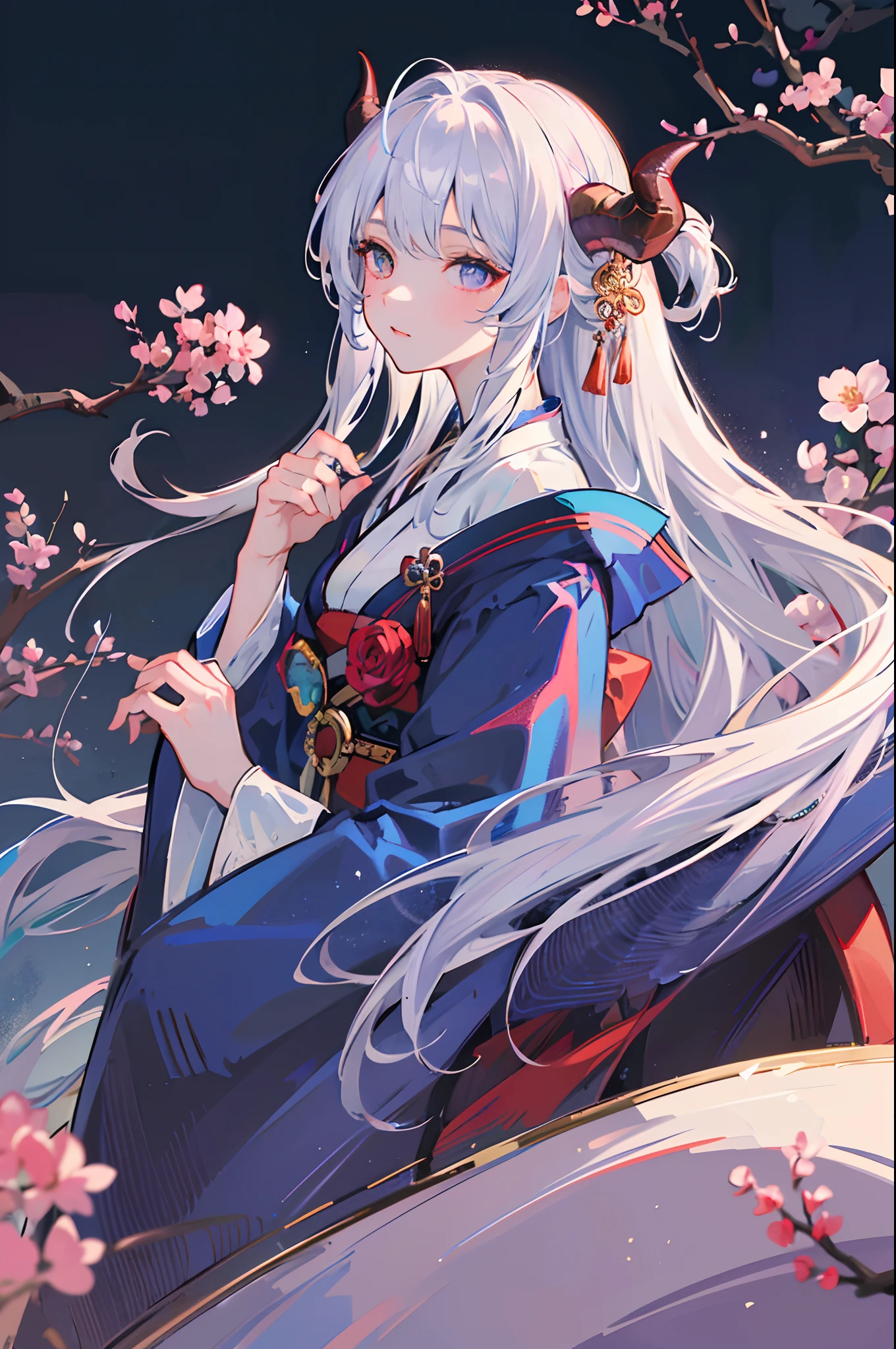 (best quality, high-res, masterpiece:1.2), perfect face, (cold expression), detailed eyes, elegant, (heterochromatic eyes), (curved blue horns), dragon woman, wearing a white and brown elegant kimono, cherry blossom background, long silver hair, side view, looking at viewer