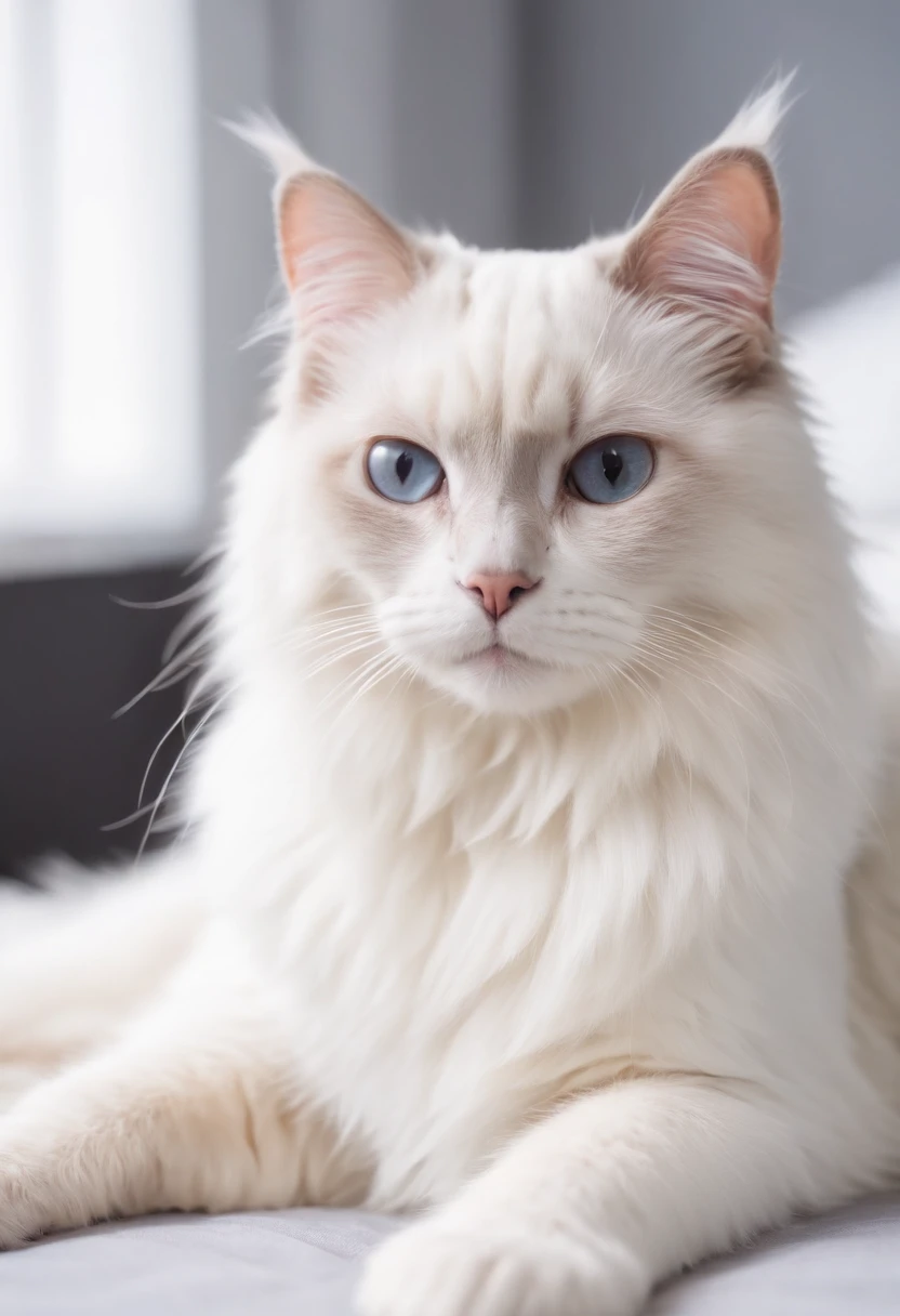 White ragdoll cat lying on the bed,cute little cat, 80s style, Semi-body shot, high-quality photo.