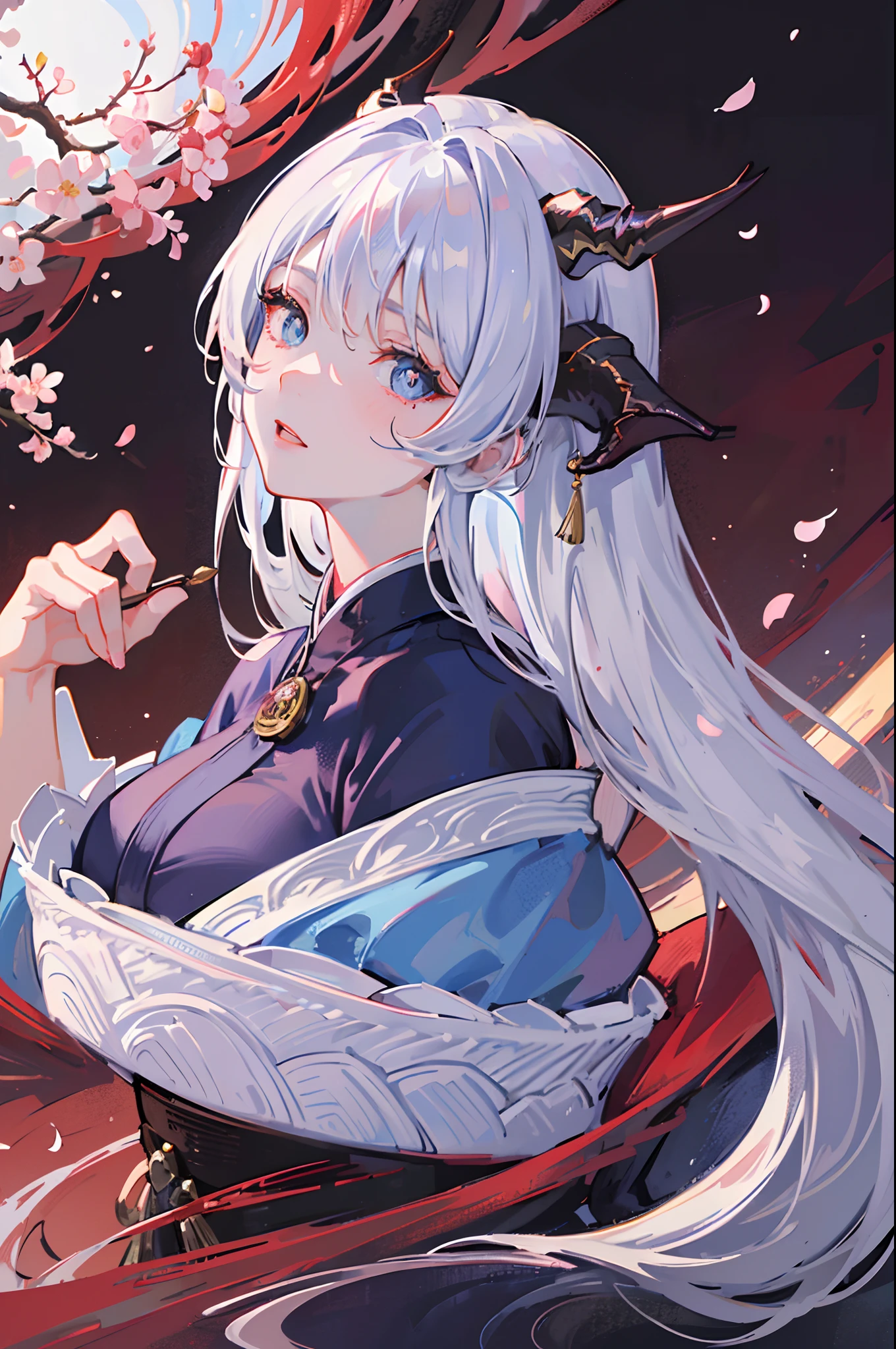 Tsukiyomi-dōjin, Tsukiyomi-zun, the incarnation of the moon, the supreme god of Japan, the deification of the ancient Japanese god and the moon. The ancestor of the Japanese emperor, the Japanese Shinto god, sister of Amaterasu, the background is the Japanese Tsukiyo Shrine, ((petite and cute breasts)), sister, extremely lonely expression, majesty, daunting, (bloodthirsty), blue eyes, Japanese makeup, lying in the water, creating a cold atmosphere, moonlight shrouded in the earth, bloodless skin, long silver-white hair, moon tattoo on the chest, sister, (blue and white Tenno-ha, wide sleeves), white haori, clogs, white socks, perfect legs, simple belt,(lots of luxurious silver jewelry),(perfect flesh full of texture),cold rendering effect, jaw-dropping, captivating visual enjoyment,((best quality)), ((masterpiece)),maximum definition,8K wallpaper,official art,multi-layered texture,super detailed, illustration,(super detailed face),(perfect face), clear texture, fine texture, Ultra HD detail display, Excellent image performance, high-quality illustration, perfectly fitting harmonious tones, deep lines, precise brush strokes, It has a strong sense of three-dimensionality and delicate wearing, wonderful color matching, and intricate details