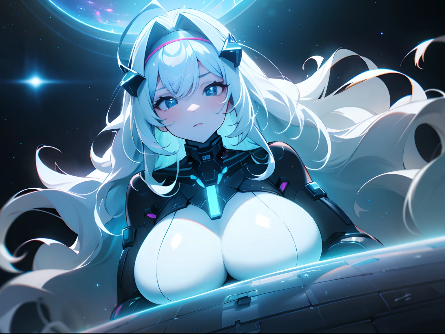 Anime giantess, floating in space, giant breasts, gigantic breasts, giantess, masterpiece, best quality, flawless skin, detailed eyes, giga giantess, alien giantess, long hair, wavy hair, white hair, pure black eyes, biggest breasts, wearing electronic headpiece, giga anime giantess, sensual, turned on, flushed, white skin, neon blue lights, completely black eyes, neon blue pupils, futuristic, millions of kilometres tall, galaxy in background, larger than galaxies, over a million kilometres tall