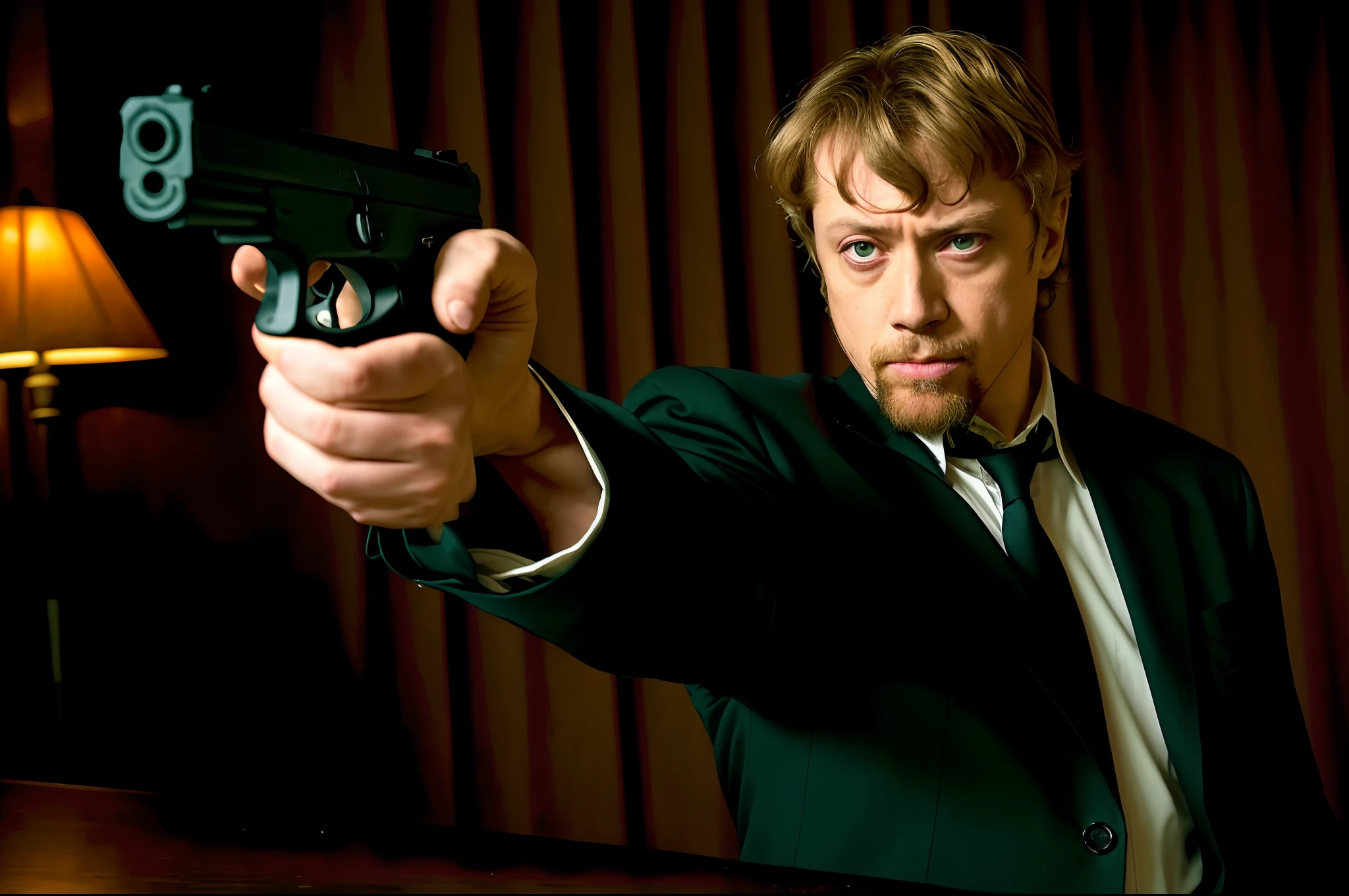there is a man in a suit holding a gun in his right hand, headshot profile picture, sam hyde, portrait of sam hyde, man with a gun, dramatic wielding gun pose, holding gun, with pistol, holding a gun, headshot photo, headshot photoshoot, acting headshot, holding a pistol, holding handgun, headshot and bodyshot, he has a pistol, james coburn, paris, night backdrop, film noire atmosphere, reddish grey hair, green eyes