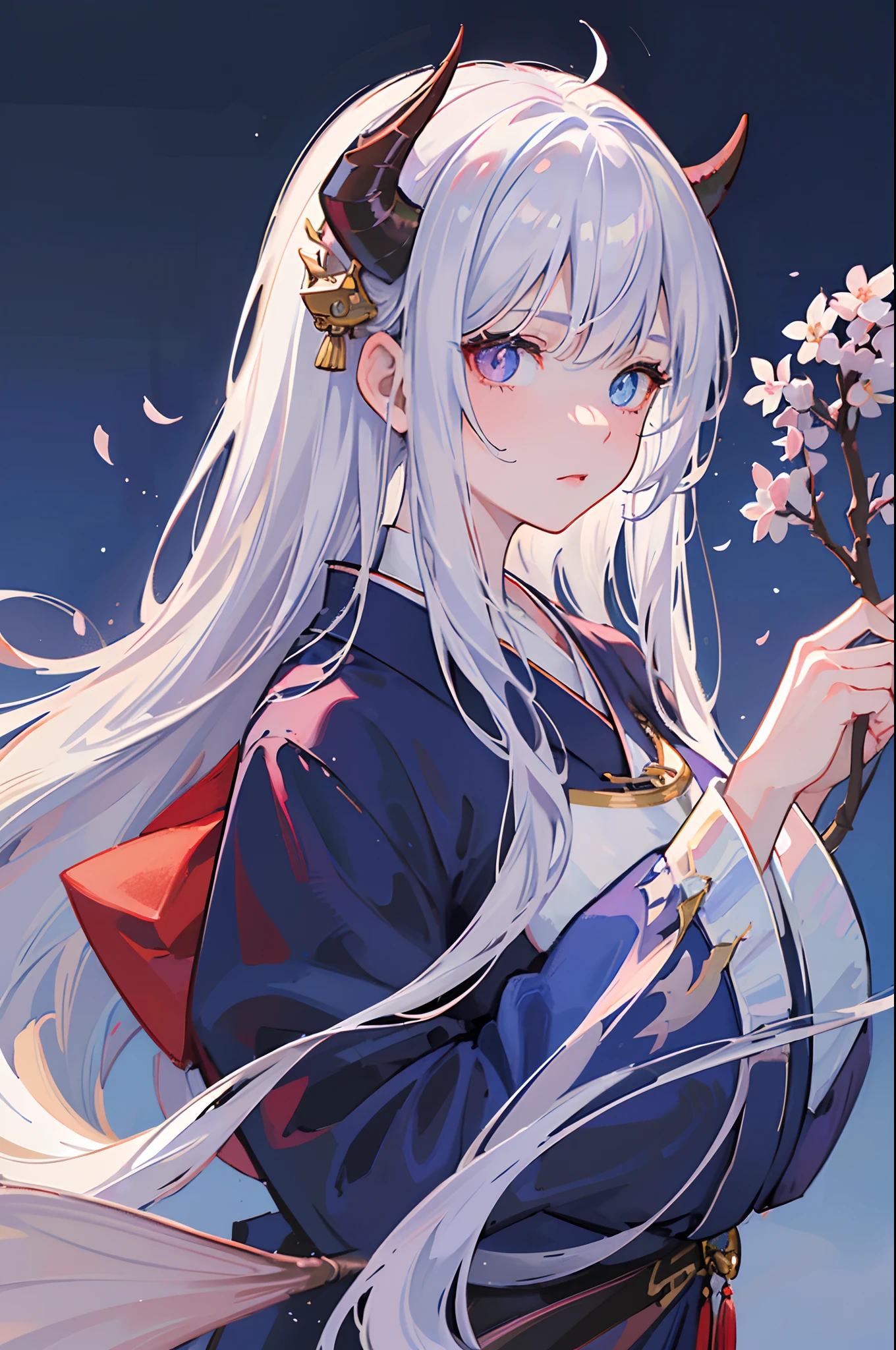 Anime girl with long white hair and horns holding a flower - SeaArt AI