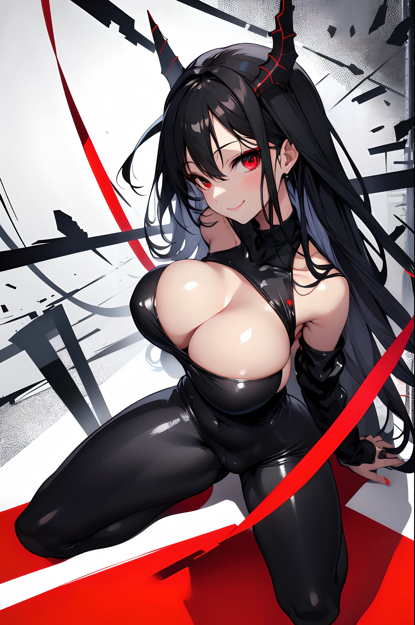 Black full-body suit　Red lines all over the body　huge tit　Big ass　Whiplash the thigh　seductiv　A smile　Bare legged　Succubus　Rub your chest with your arms