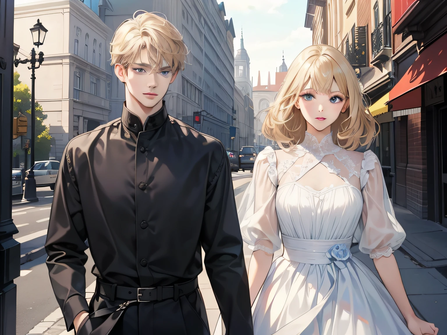 (Masterpiece, Best quality, Detailed face), 1 Girl 1 Boy, couple, different hair color, cabelos preto e longos,Front bangs and blue eyes, Boy with short blond hair and dark grey eyes, Romance, Boys are taller, In town, Hand in hand