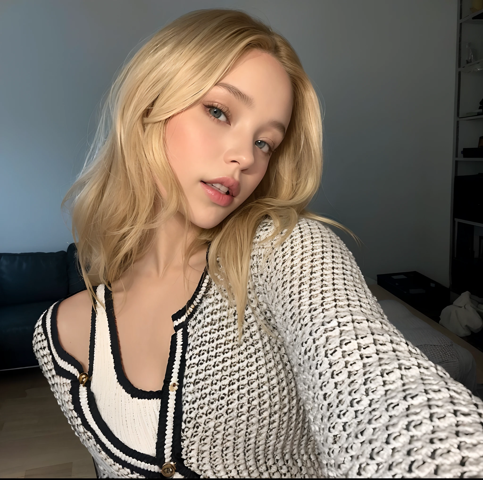 (Best quality, 8k, 32k, Masterpiece, UHD:1.2),Photo of Pretty escandinova, 1girl, repair face, clear face(long blonde hair), double eyelid, she s wearing a turtleneck sweater, playground, fashion model posing, smile