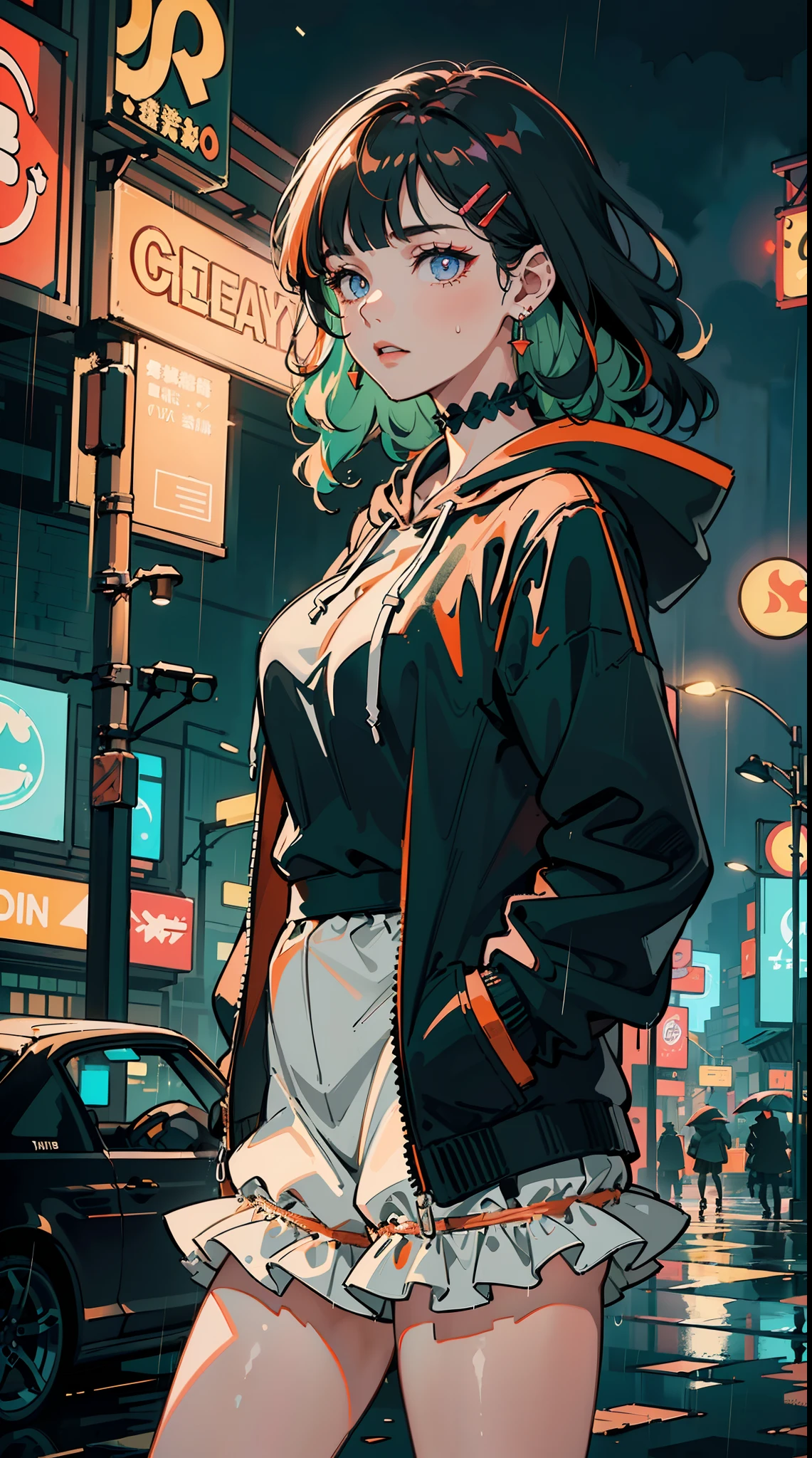 ((((frills,large black hoodie cover eyes，heavy rain,))))((hands in pockets,))(Masterpiece illustration,Beautiful and aesthetic:1.2,aim to viewers), Best quality,Top quality, Epic quality,((((valley,heavy rainy night in a cyberpunk city with glowing neon lights,outdoor,))))(moonlight,moon glare, god light,at night,upper upper shot,focus on face,))Neat face,underage,mature,Beautiful detailed hair，green hair，hyper HD, retinas, Textured skin, A high resolution, 16k ，((hairclip,blunt bangs,sidelocks,middle hair，natural curly hair)),Detailed face, 1JK, lady,Solo, Perfect face, Very amazing girl,((bloomers,high waist skirt,orange streaked black coat,large cloak,metal earrings,spiral earrings)),rim-light