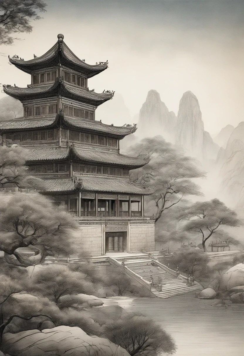 "Highly detailed blueprints of Chinese architecture,Hand drawn with a pencil，Precise measurements and specifications,, Accurately represent materials and textures, Technical drawings with clear annotations, Professional-grade detail and accuracy."