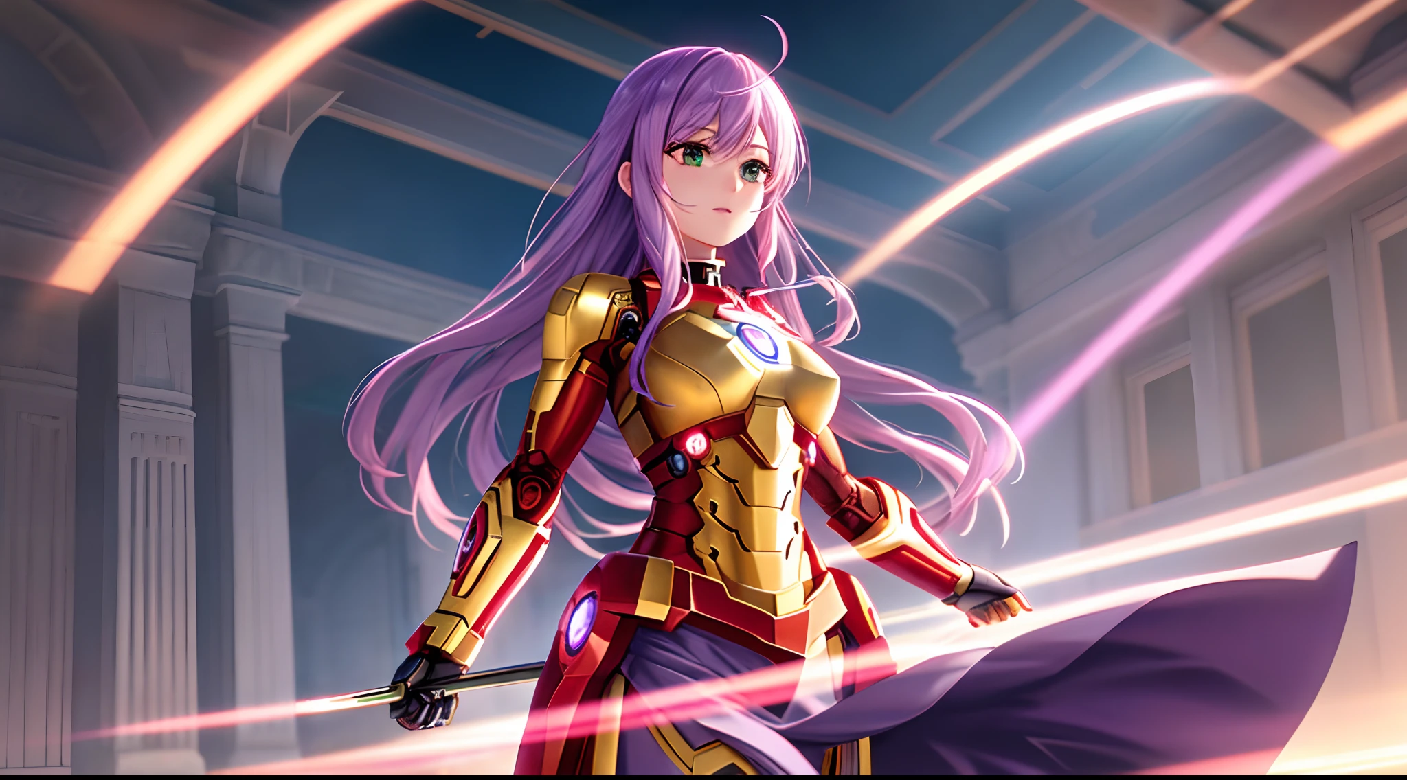 Athena with plain long light purple hair,hair between eyes,green eyes,rosy cheeks,full lips,thin eyebrows,slender body,wearing iron man cybernetics and full long skirt,cute anime girl,full body,large castle in background,anime style,extremely deep depth of field,Lumen Reflections,Screen Space Reflections,Diffraction Grading,Chromatic Aberration,GB Displacement,Scan Lines,Ray Traced,Anti-Aliasing,FXAA,TXAA,RTX,SSAO,Shaders,OpenGL-Shaders, GLSL-Shaders,Post Processing,Post-Production,cell Shading,Tone Mapping,CGI,VFX,SFX,insanely detailed and intricate, 4K,standing, solo, masterpiece, best quality, detailed face, detailed eyes, highres, standing, solo,masterpiece, best quality