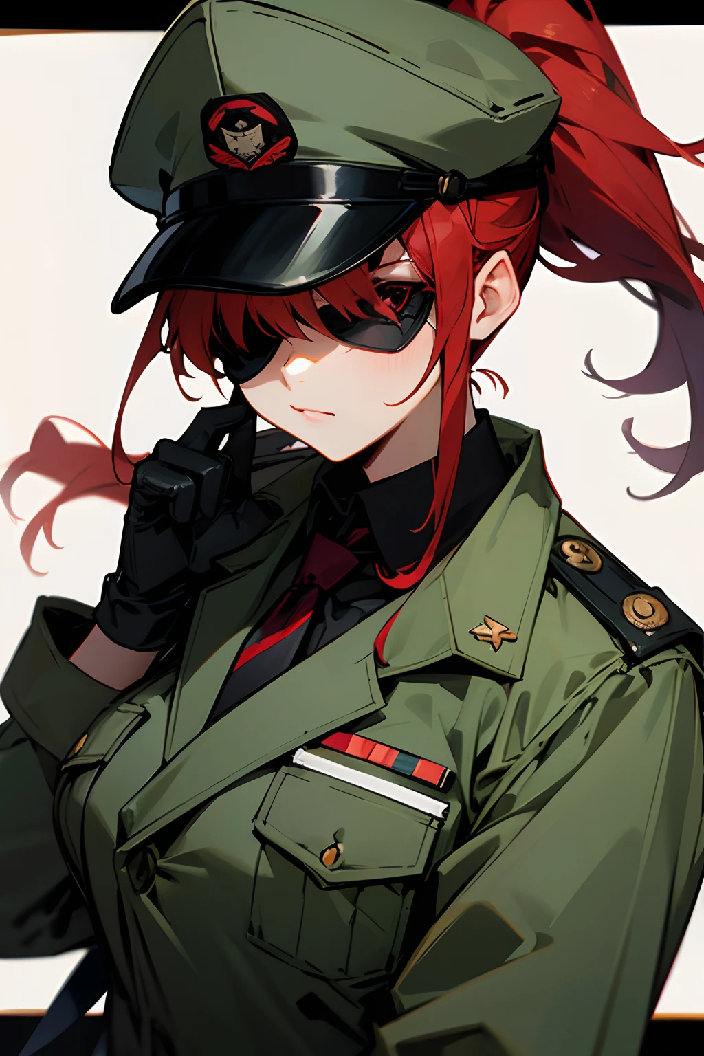 red hair with ponytail girl, has eyepatch covering right eyes, wearing miltary officer cloth and cap that has tie on it, black gloves and anime style art