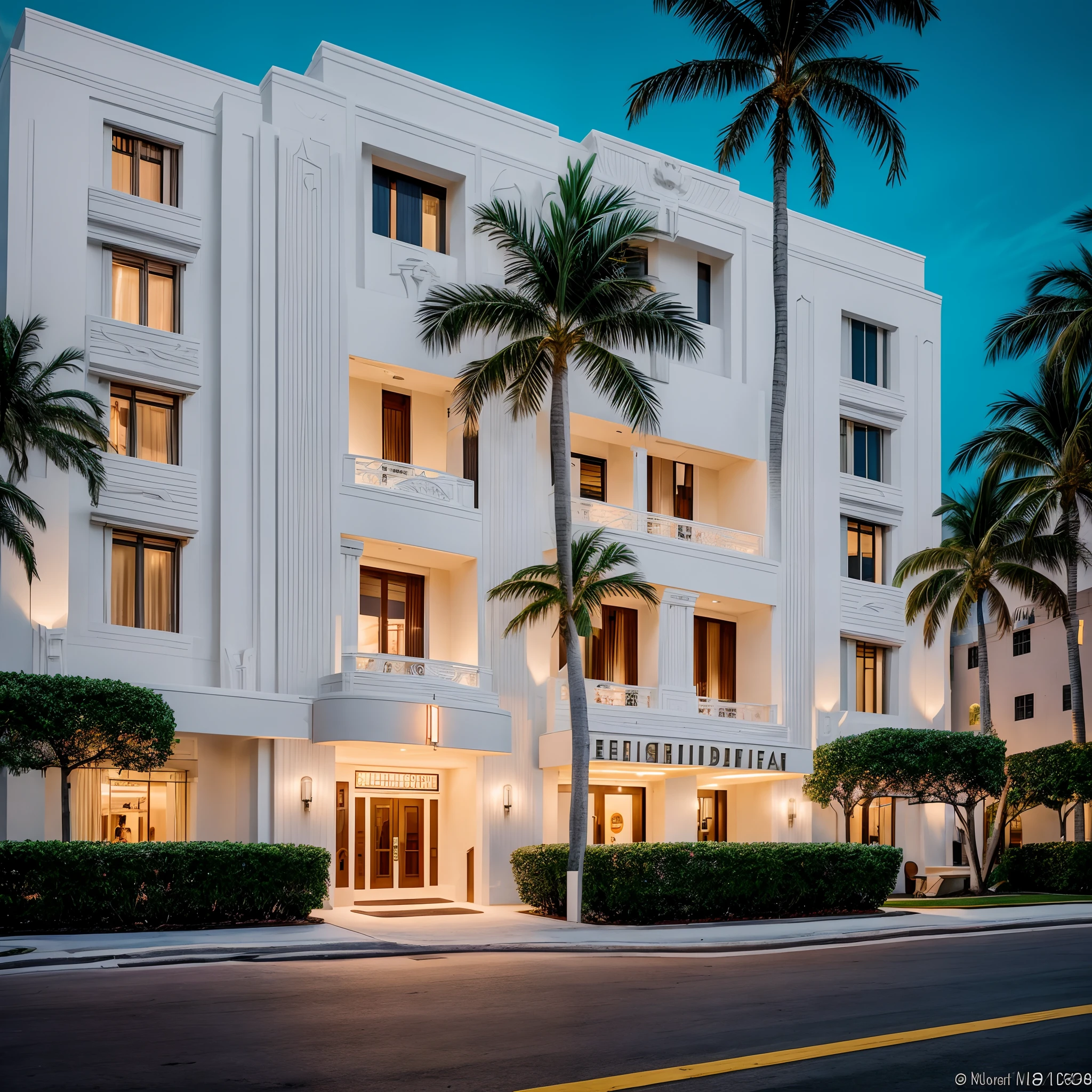 Front Facade
Style: Art Deco Elegance
Exterior: The facade of this Miami masterpiece showcases classic Art Deco elements, with smooth white stucco walls, geometric patterns, and rounded edges. A neon-lit marquee above the entrance adds a touch of retro glamor.
Surroundings: Located in the heart of Miami's Art Deco Historic District, the property is surrounded by vibrant nightlife, palm-lined streets, and the vibrant energy of South Beach.
Atmosphere: The exterior exudes the timeless elegance and opulence of the Art Deco era, with a contemporary twist.