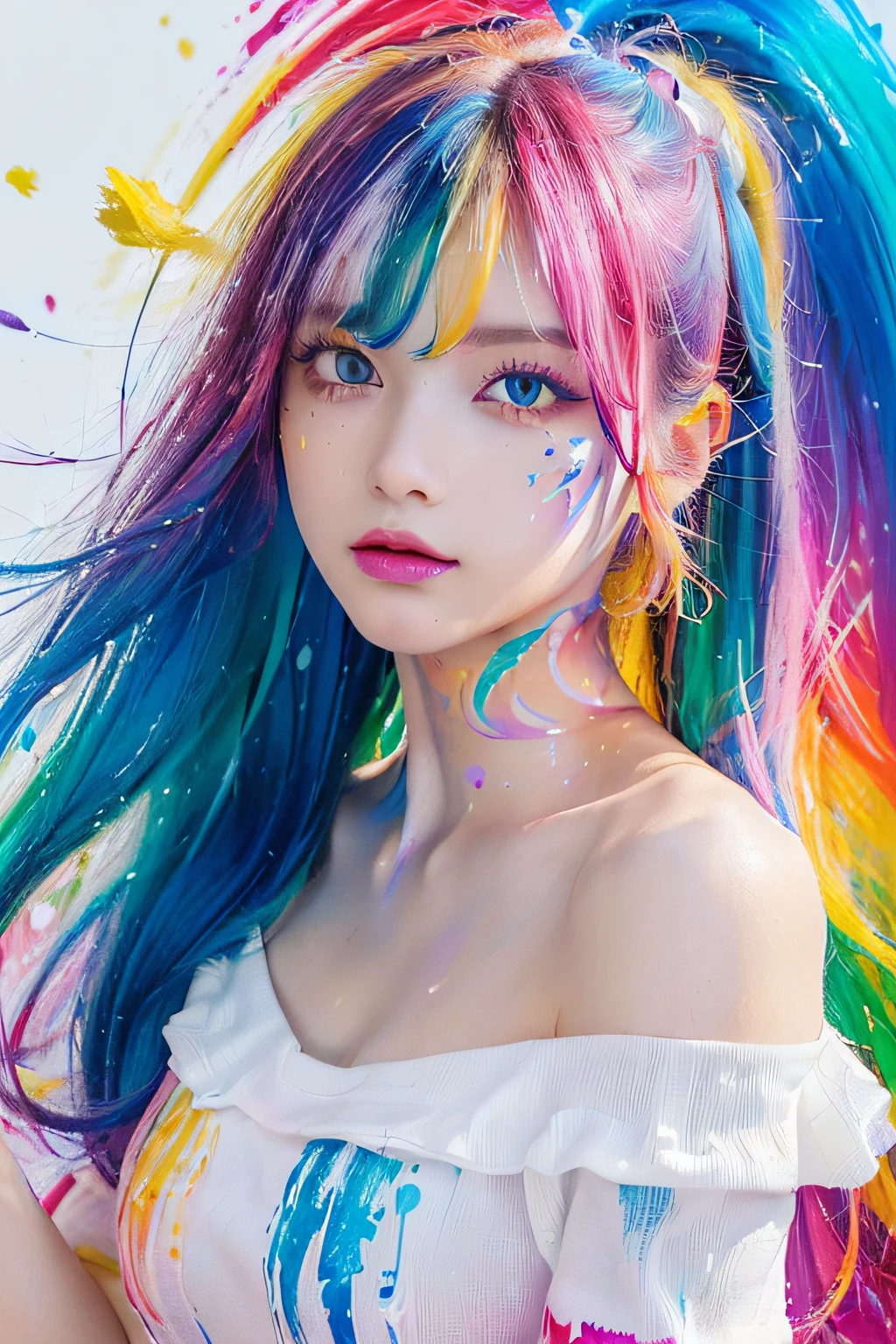 (Pink Fashion T-shirt:1.9),(Colorful hair: 1.8), (all the colours of the rainbow: 1.8),(((((vertical painting:1.6))), (painting:1.6),front, comics, illustrations, paintings, large eyes, crystal clear eyes,( rainbow color gradient high ponytail:1.7), exquisite makeup, closed mouth,(Small Fresh: 1.5),(Wipe Chest: 1.6) ,long eyelashes, white off shoulder T-shirt, White Shoulder Shirt,looking at the audience, large watery eyes, (rainbow colored hair:1.6), color splash, (solo:1.8), color splash, color explosion, thick paint style, messy lines, ((shining)),(colorful), (colorful), (colorful), colorful, Thick Paint Style, (Splash) (Color Splash), Vertical Painting, Upper Body, Paint Splash, Acrylic Pigment, Gradient, Paint, Highest Image Quality, Highest Quality, Masterpiece, Solo, Depth of Field, Face Paint, colorful clothes, (Elegant: 1.2), gorgeous,long hair, wind, (Elegant: 1.3), (Petals: 1.4),(((masterpiece))),(((best quality))),((ultra-detailed)),(illustration),(dynamic angle),((floating)),(paint),((disheveled hair)),(solo),(1girl) , (((detailed anima face))),((beautiful detailed face)),collar,bare shoulders,white hair, ((colorful hair)),((streaked hair)),beautiful detailed eyes,(Gradient color eyes),(((colorful eyes))),(((colorful background))),(((high saturation))),(((surrounded by colorful splashes))),