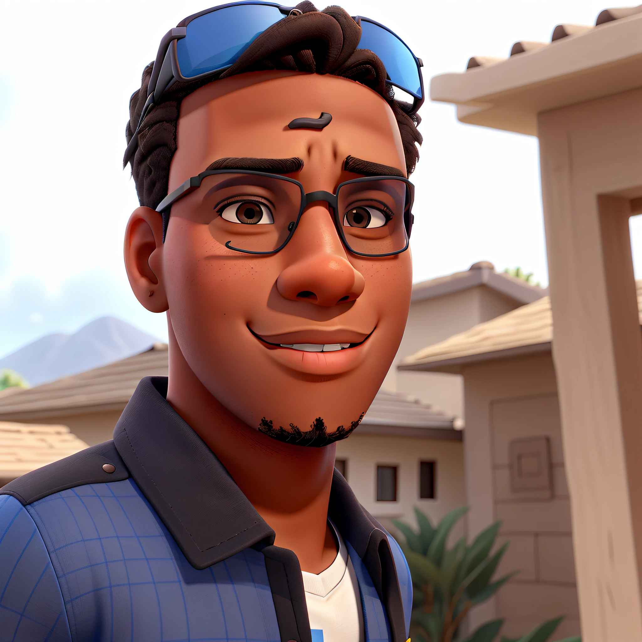 A young man with black skin and brown eyes wearing sunglasses and a blue shirt.