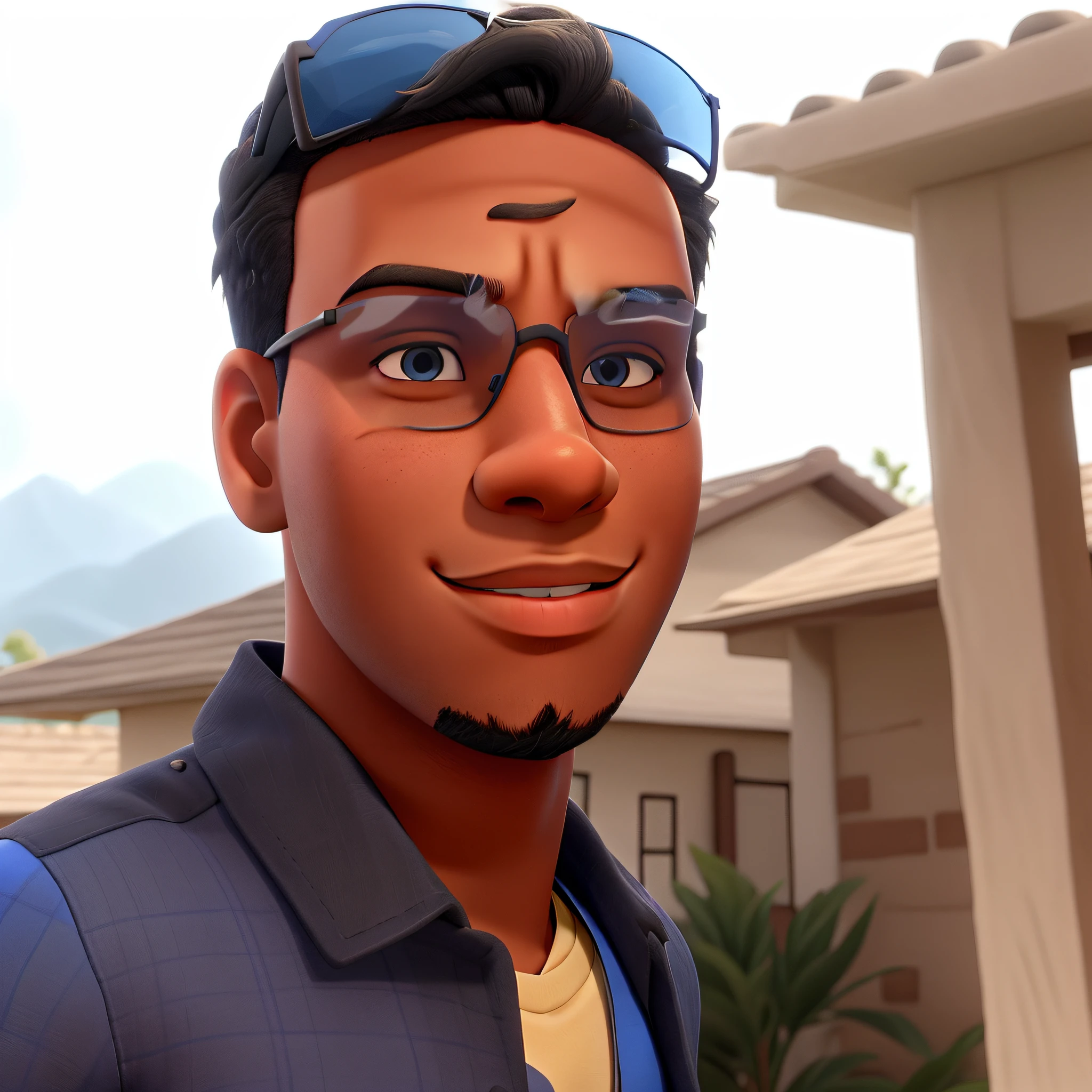 A young man with black skin wearing sunglasses and a blue shirt.