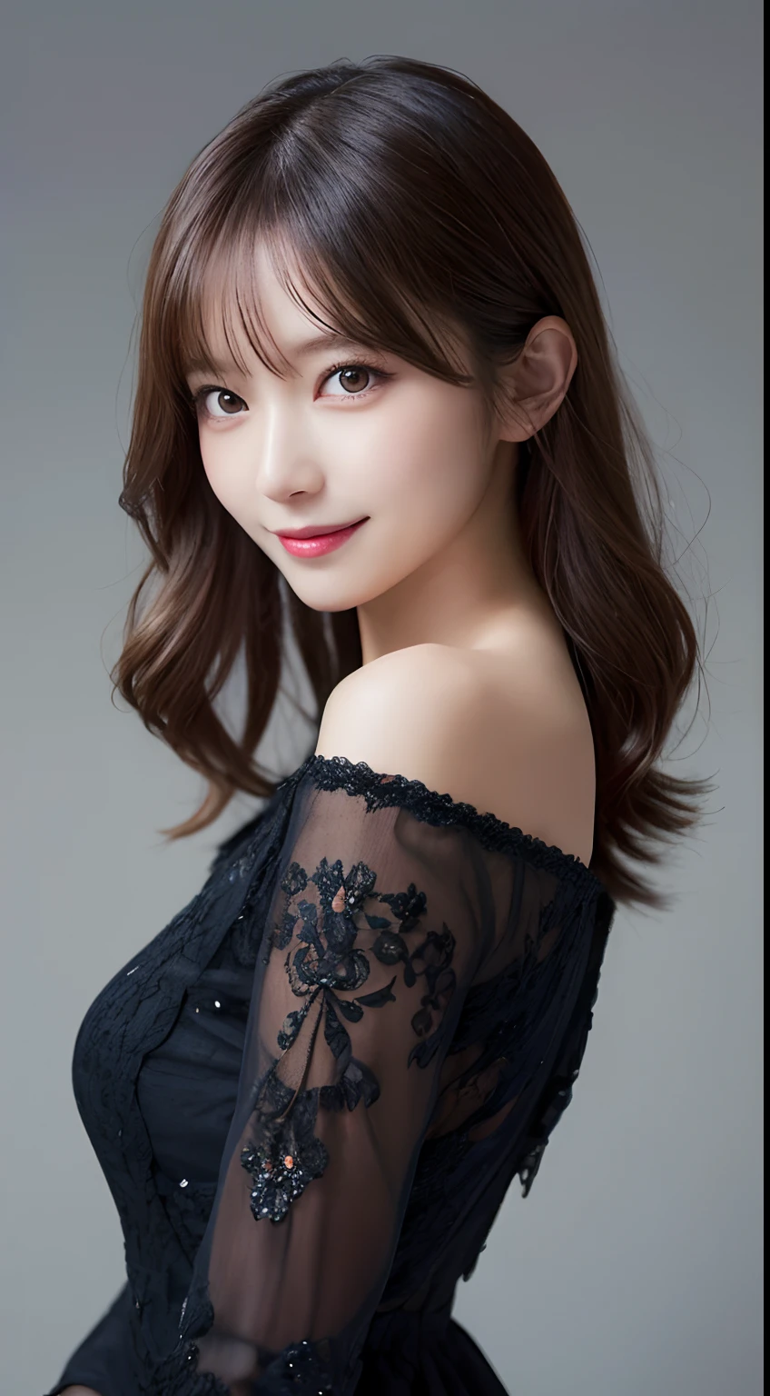 masutepiece, Best Quality, Illustration, Ultra-detailed, finely detail, hight resolution, 8K Wallpaper, Perfect dynamic composition, Beautiful detailed eyes, long-sleeved dresses,Medium Hair, small tits, Natural Color Lip, Random and sexy poses,Smile