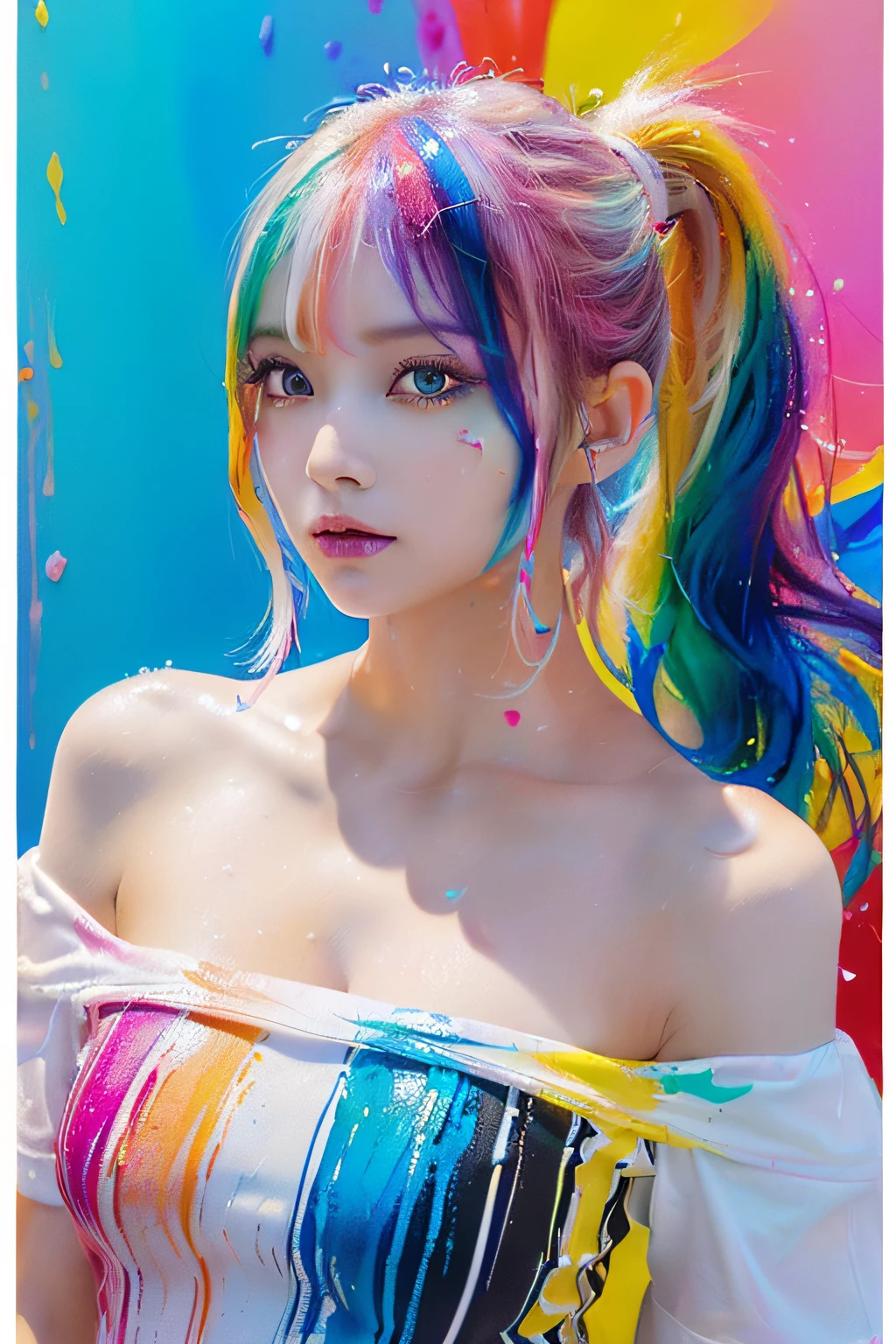 rainbow woman with rainbow hair on a sunset, painting