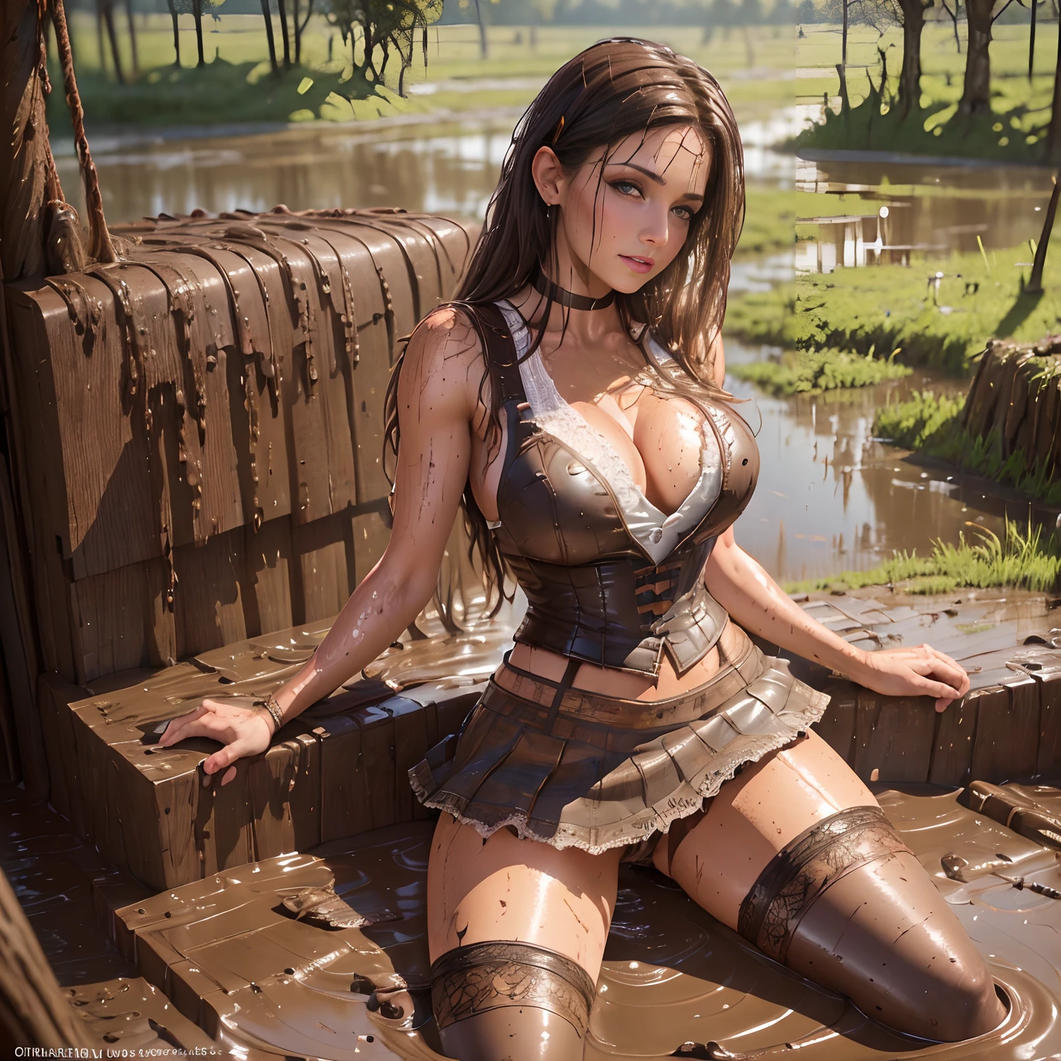 (Best Quality, Ultra-detailed, Realistic:1.3), Mature Woman, jeans skirt, (lace stockings and  garters), drowning in a swamp, covered in mud, muddy clothes, dripping mud, lace teddy, choker, earrings, leather vest, muddy body, muddy hair and face, covered in dirt and mud