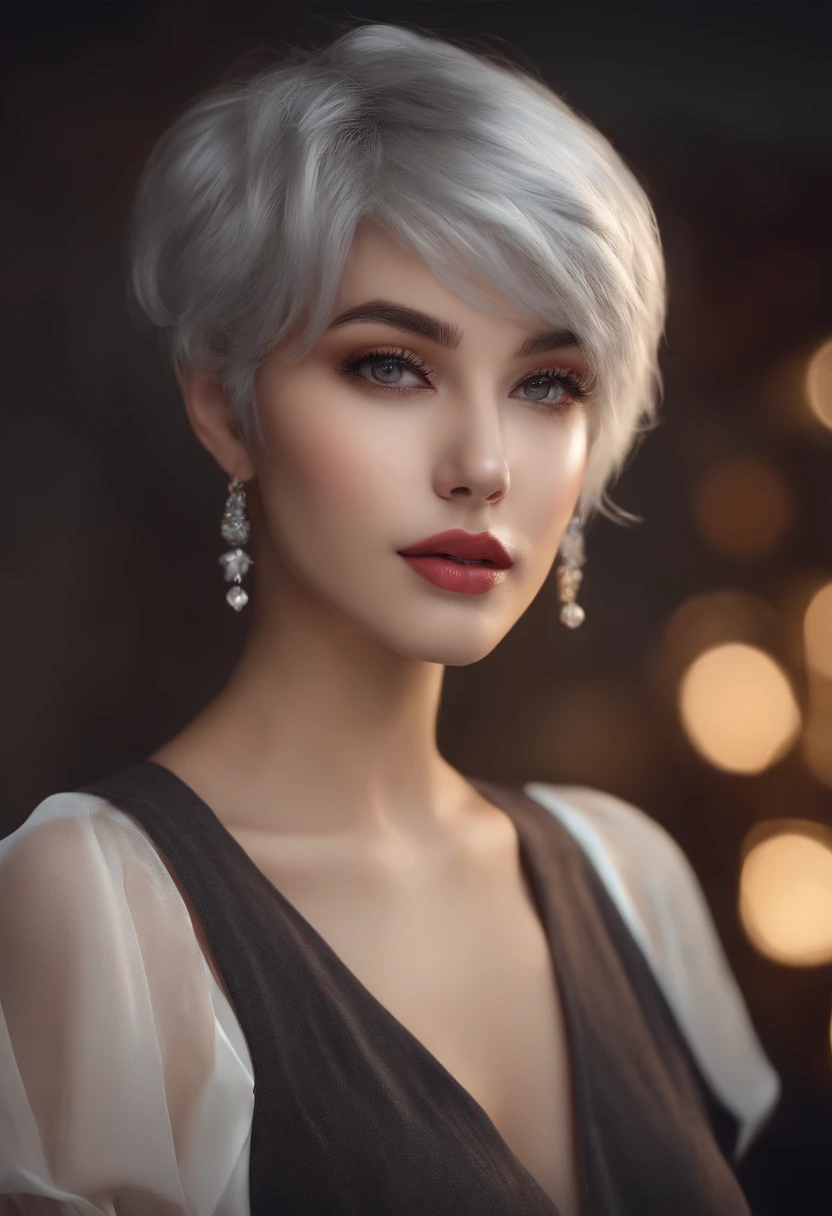 (best quality, masterpiece), 1girl, beautiful girl, brown_eyes, ((hair color [Silver hair], [pixie cut with bangs] hair)), earrings, lips, short sleeves,realistic, narrow waist, charming, colorful makeup, long eyelashes, fair skin, (cute), (detailed face), detailed eyes, detailed iris,