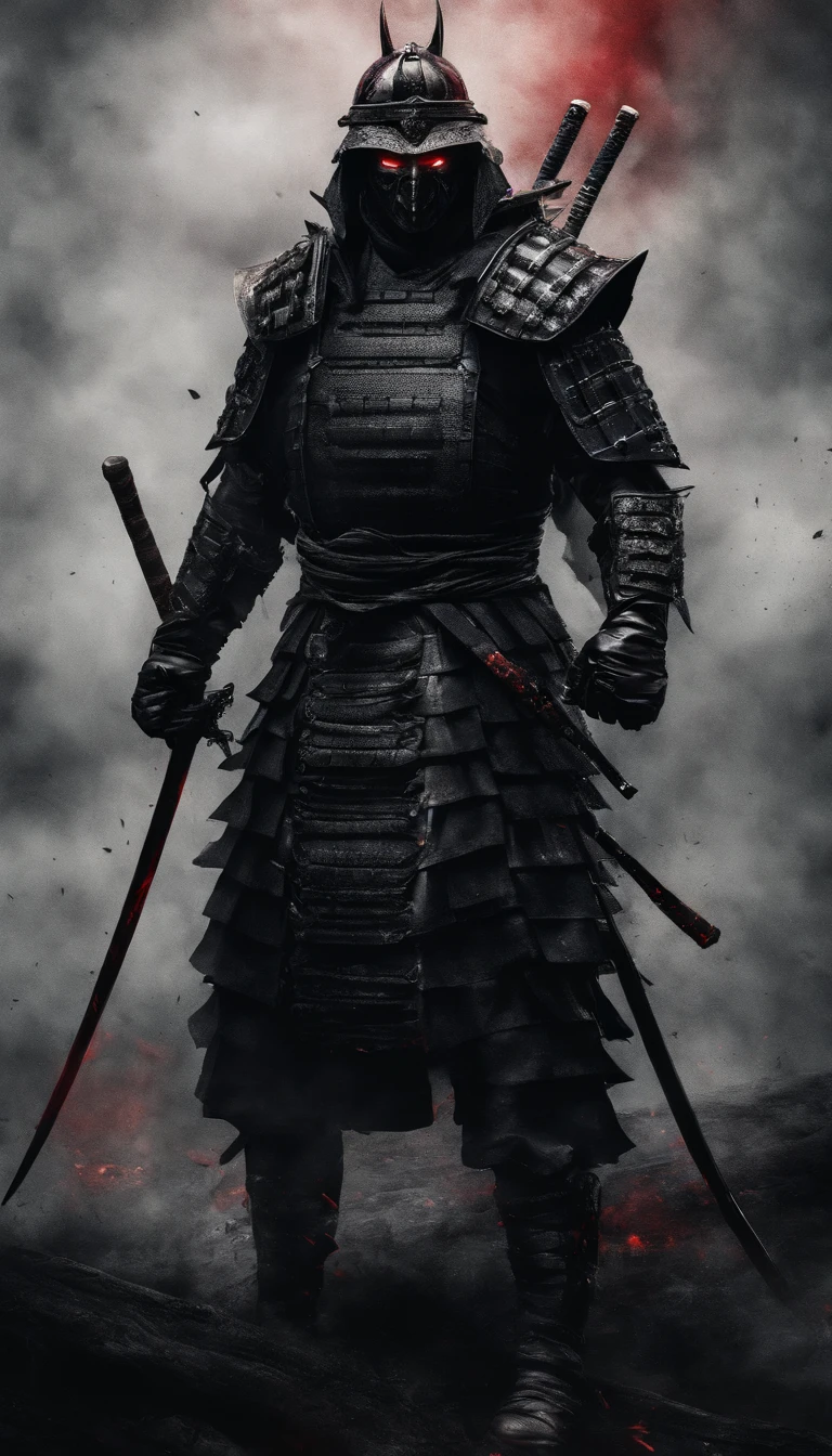 (a powerful samurai warrior:1.1, intense atmosphere, black armored helmet, dark samurai mask covering the face, mortal kombat style, black gauntlets, black leg armor, glowing red eyes, imposing presence, feudal era noble, Samurai warrior from the Sengoku period, formidable figure, battle-ready, fearless:1.1)