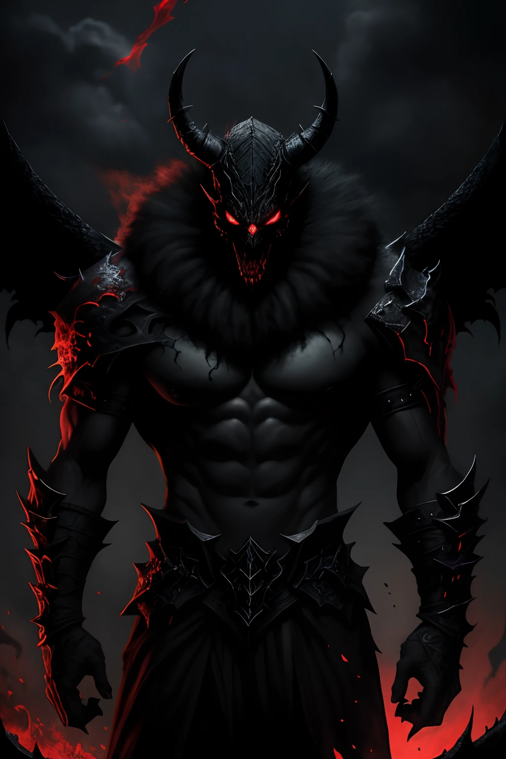 A detailed depiction of Shadow Fiend in a dramatic and intense style, showcasing its intricate and menacing features. Medium: hyper-realistic digital illustration. Additional details: glowing red eyes, ethereal black smoke emanating from its body, sharp claws, and a sinister smile. Best quality, 4k resolution, ultra-detailed, photorealistic rendering. Artistic style: dark fantasy. Color palette: predominantly shades of black and red, with hints of purple and blue. Lighting: dramatic, with a focus on contrasting light and shadow to enhance the menacing atmosphere.