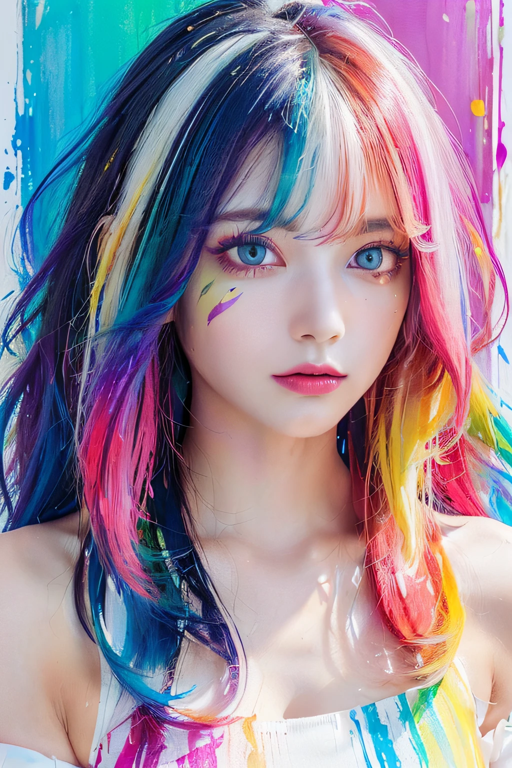 (Pink Fashion T-shirt:1.9),(Colorful hair: 1.8), (all the colours of the rainbow: 1.8),(((((vertical painting:1.6))), (painting:1.6),front, comics, illustrations, paintings, large eyes, crystal clear eyes,( rainbow color gradient high ponytail:1.7), exquisite makeup, closed mouth,(Small Fresh: 1.5),(Wipe Chest: 1.6) ,long eyelashes, white off shoulder T-shirt, White Shoulder Shirt,looking at the audience, large watery eyes, (rainbow colored hair:1.6), color splash, (solo:1.8), color splash, color explosion, thick paint style, messy lines, ((shining)),(colorful), (colorful), (colorful), colorful, Thick Paint Style, (Splash) (Color Splash), Vertical Painting, Upper Body, Paint Splash, Acrylic Pigment, Gradient, Paint, Highest Image Quality, Highest Quality, Masterpiece, Solo, Depth of Field, Face Paint, colorful clothes, (Elegant: 1.2), gorgeous,long hair, wind, (Elegant: 1.3), (Petals: 1.4),(((masterpiece))),(((best quality))),((ultra-detailed)),(illustration),(dynamic angle),((floating)),(paint),((disheveled hair)),(solo),(1girl) , (((detailed anima face))),((beautiful detailed face)),collar,bare shoulders,white hair, ((colorful hair)),((streaked hair)),beautiful detailed eyes,(Gradient color eyes),(((colorful eyes))),(((colorful background))),(((high saturation))),(((surrounded by colorful splashes))),