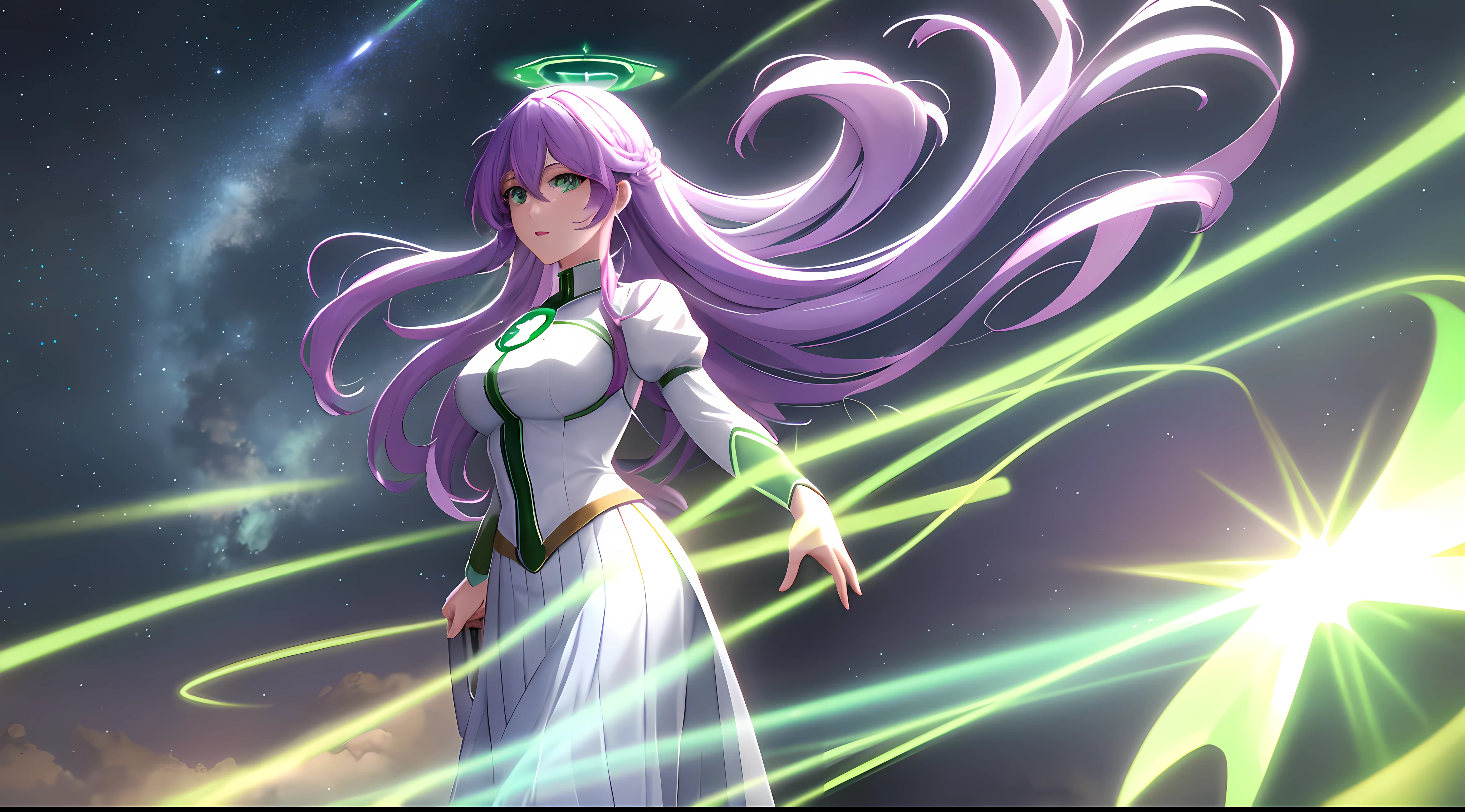 Athena with plain long light purple hair,hair between eyes,green eyes,rosy cheeks,full lips,thin eyebrows,slender body,wearing dc green lantern costume and full long skirt,cute anime girl,full body,large castle in background,anime style,extremely deep depth of field,Lumen Reflections,Screen Space Reflections,Diffraction Grading,Chromatic Aberration,GB Displacement,Scan Lines,Ray Traced,Anti-Aliasing,FXAA,TXAA,RTX,SSAO,Shaders,OpenGL-Shaders, GLSL-Shaders,Post Processing,Post-Production,cell Shading,Tone Mapping,CGI,VFX,SFX,insanely detailed and intricate, 4K,standing, solo, masterpiece, best quality, detailed face, detailed eyes, highres, standing, solo,masterpiece, best quality