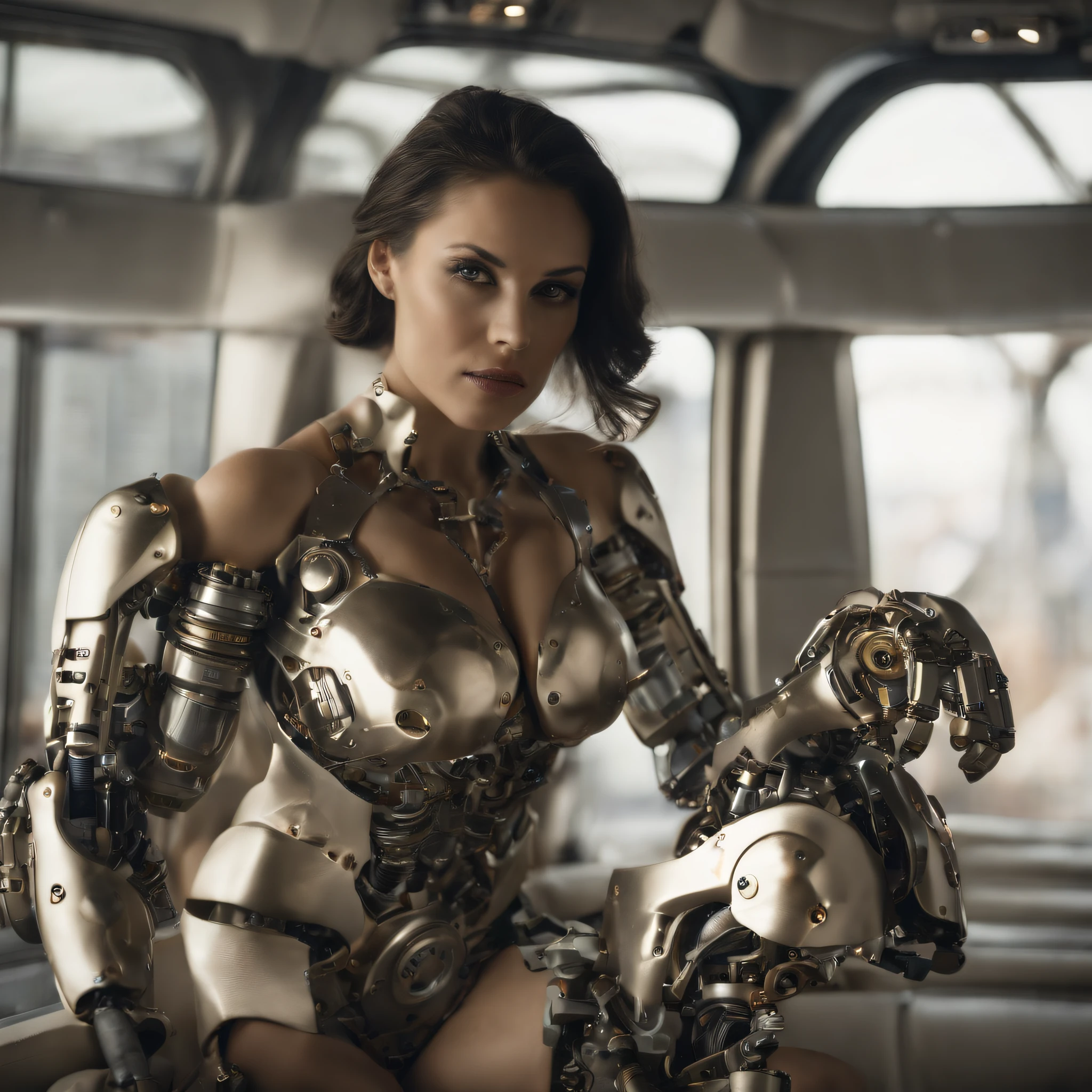 (foto de corpo inteiro:2), (One/Woman/Mechanicalgirl:1.8), (seios extremamente grandes:1.8), (the entire mechanical body:2), (with bionic armor:1.5), branco com engrenagens pretas, (She's inside a spaceship near the window seeing outer space:1.5), (ela tem cabelo liso roxo muito curto:1.2), (olhos azuis:1.2), (Gemendo:1.5), (corar:1.5), (is striking sensual poses for the viewer:1.5),    estilo anime, anime, 16k, alta qualidade, pele texturizada, UHD, Premiado