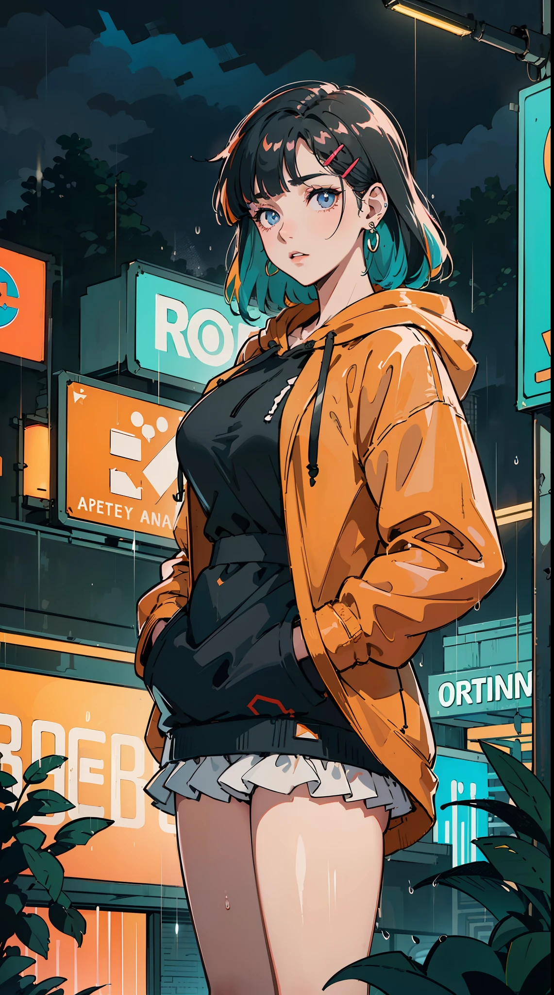 ((((frills,large black hoodie cover eyes，heavy rain,))))((hands in pockets,))(Masterpiece illustration,Beautiful and aesthetic:1.2,aim to viewers), Best quality,Top quality, Epic quality,((((valley,heavy rainy night in a cyberpunk city with glowing neon lights,outdoor,))))(moonlight,moon glare, god light,at night,upper upper shot,focus on face,))Neat face,underage,mature,Beautiful detailed hair，green hair，hyper HD, retinas, Textured skin, A high resolution, 16k ，((hairclip,blunt bangs,sidelocks,middle hair)),Detailed face, 1JK, lady,Solo, Perfect face, Very amazing girl,((bloomers,high waist skirt,orange streaked black coat,large cloak,metal earrings,spiral earrings)),rim-light