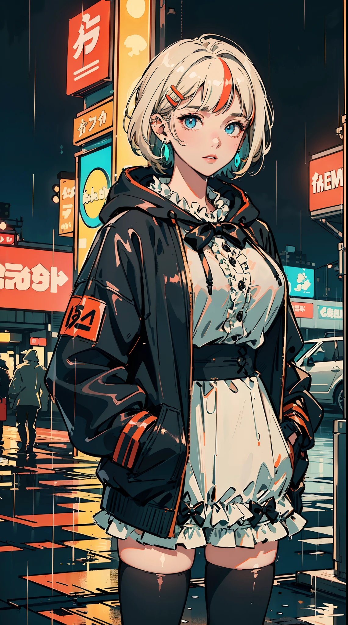 ((((frills,large black hoodie cover eyes,heavy rain,))))((hands in pockets,))(Masterpiece illustration,Beautiful and aesthetic:1.2,aim to viewers), Best quality,Top quality, Epic quality,((((valley,heavy rainy night in a cyberpunk city with glowing neon lights,outdoor,))))(moonlight,moon glare, god light,at night,upper upper shot,focus on face,))Neat face,underage,mature,Beautiful detailed hair,blonde hair,hyper HD, retinas, Textured skin, A high resolution, 16k ,((hairclip,steep bangs,sidelocks,short hair,bow on hair)),Detailed face, 1JK, lady,Solo, Perfect face, Very amazing girl,((bloomers,high waist skirt,orange streaked black coat,large cloak,metal earrings,spiral earrings)),rim-light