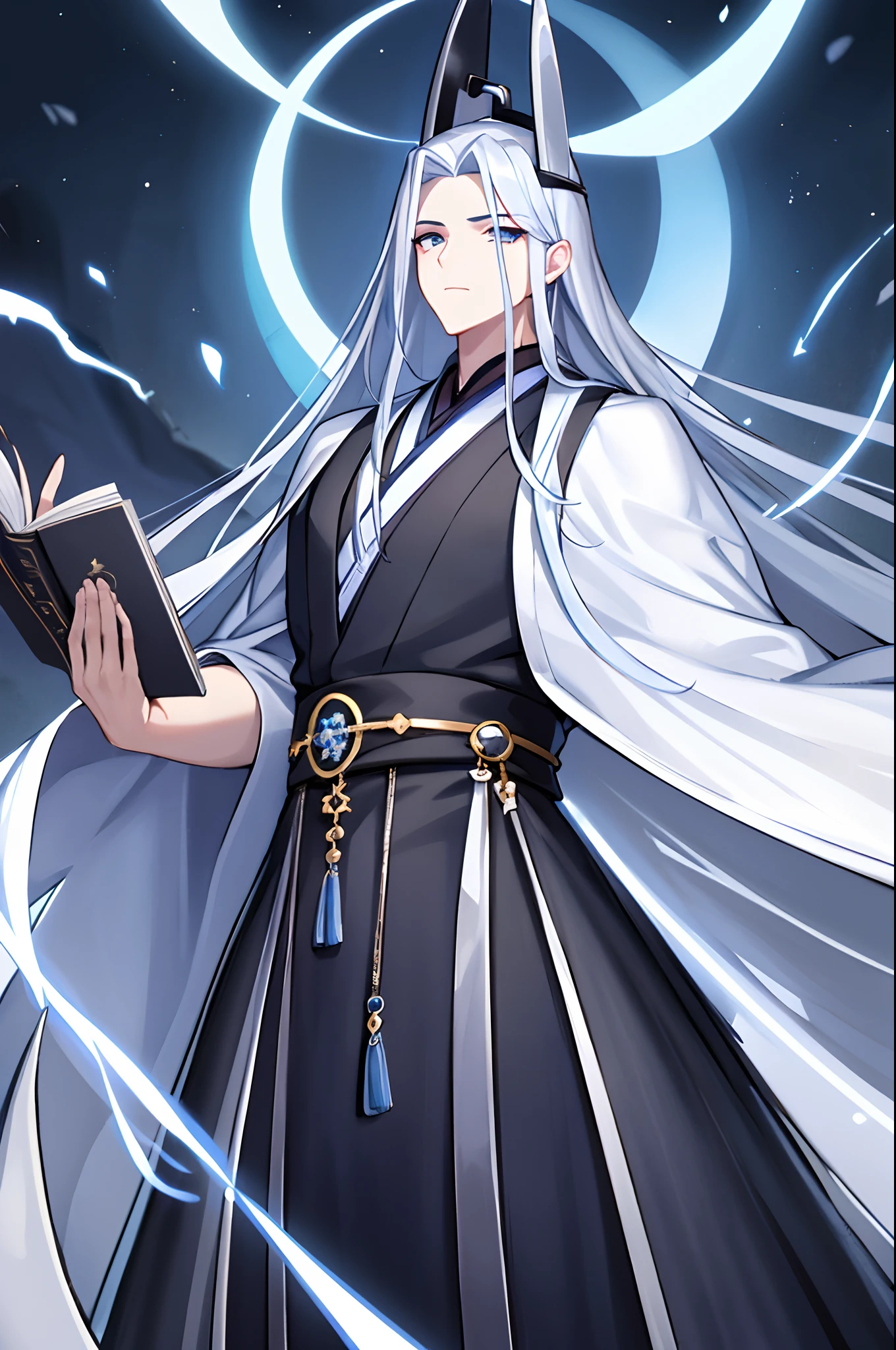 1 boy holding a book in his hand, cabelos preto e longos，Outfit in black，独奏，（the night,starrysky，meteor shower，Galaxy River：1.2）long whitr hair, Blue eyes,Chinese folk tales，swordsmen，