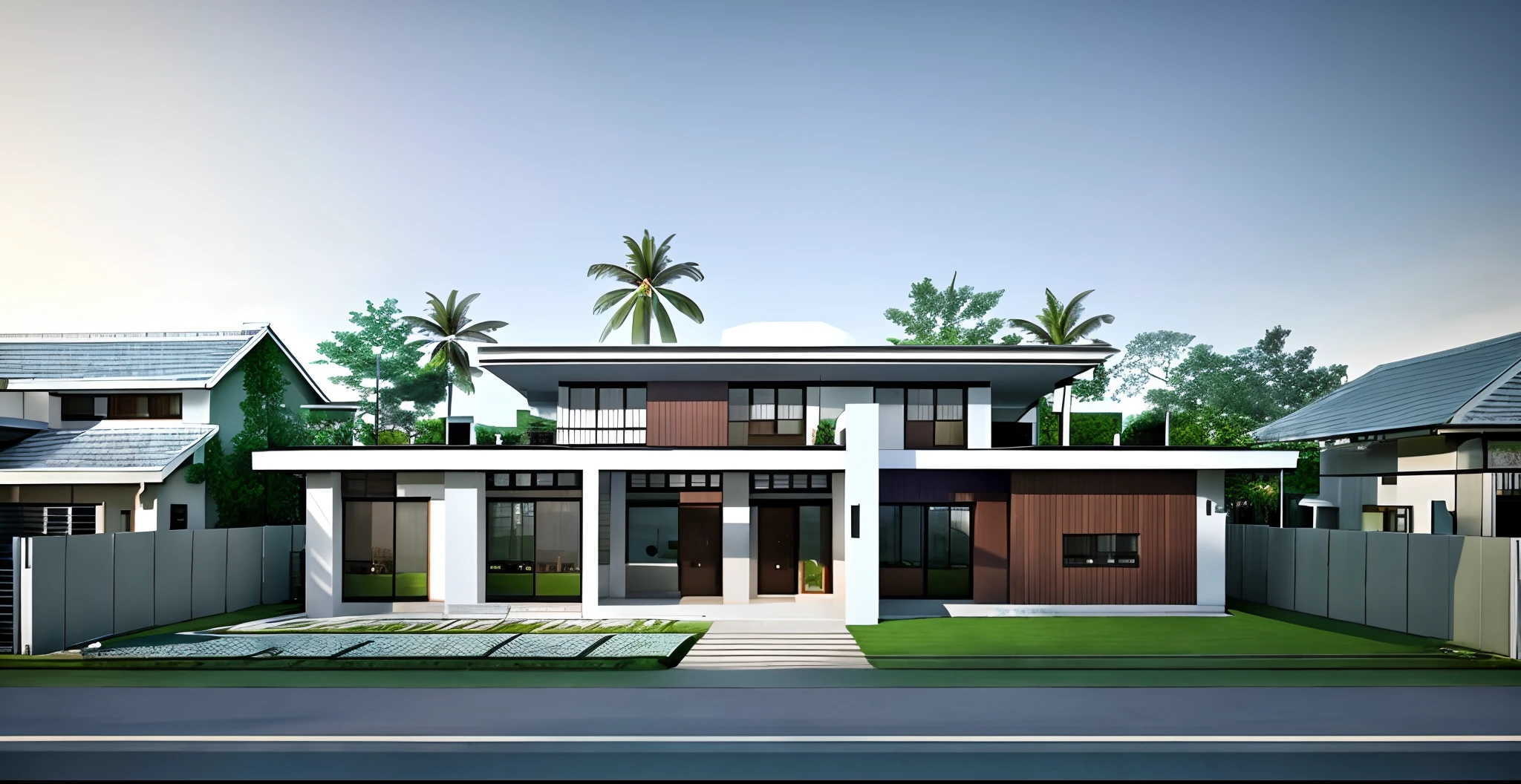 rendering of a modern house with a lot of windows and a lot of trees, contemporary house, front elevation view, architectural rendering, neotraditional modern, frontview, exterior design, wide establishing shot, architectural render, in style of simplified realism, elevation view, concept house, detailed rendering, conceptual rendering, architectural concept, large modern residence, front elevation, inter dimensional villa