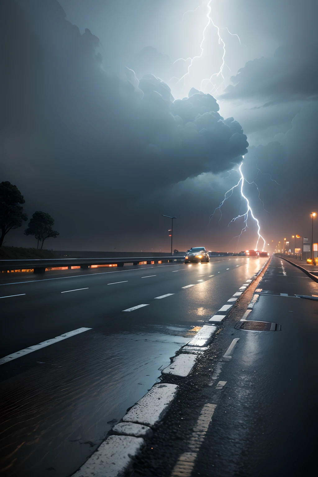 UHD, masterpiece, super detail, high details, highres, 8k, violent storm, It was dark, streetview, Water on the road, The trees are shaking.