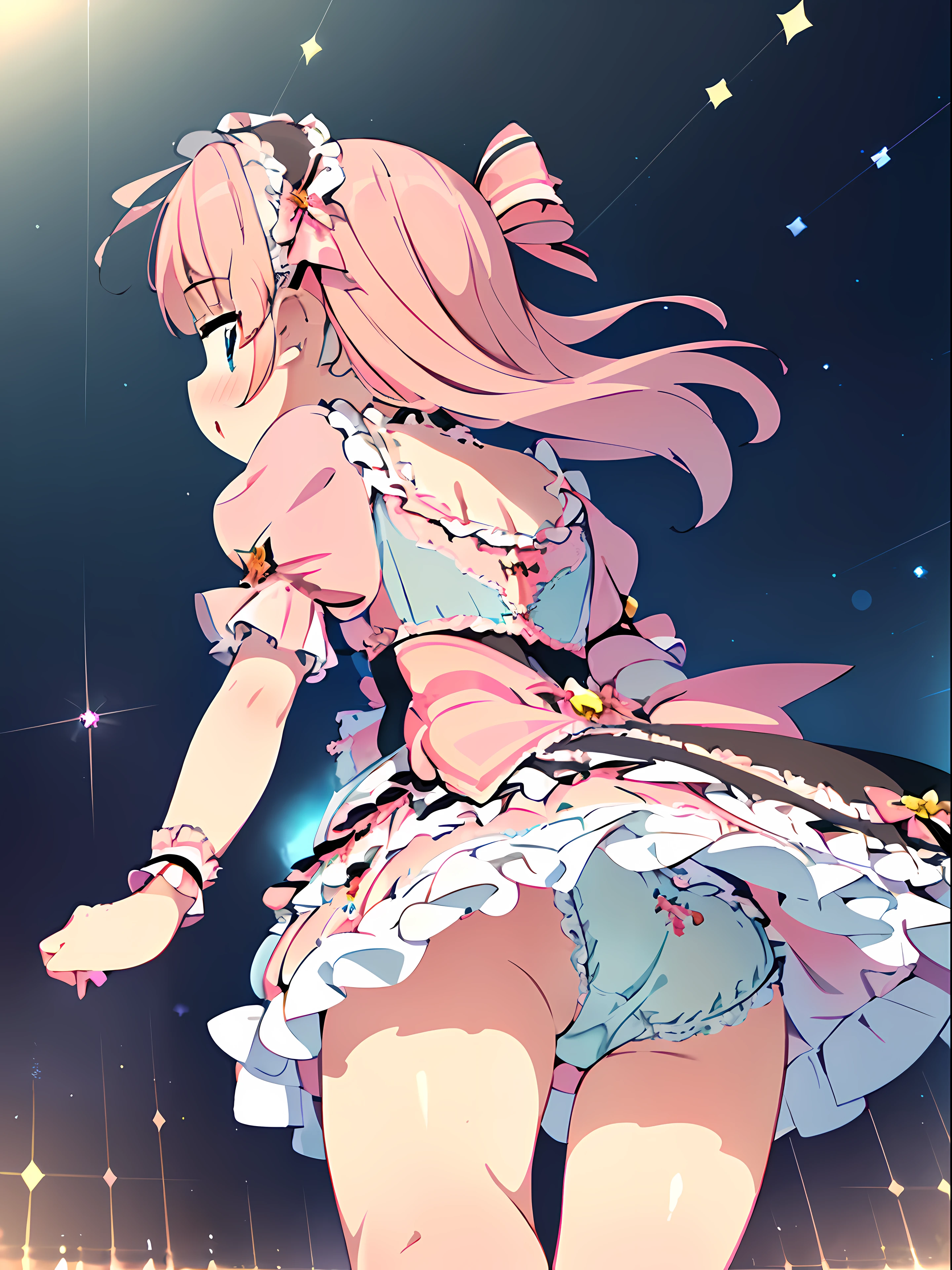 (masterpiece:1.2), best quality, highres, original, (extremely detailed:1.2), ultra-detailed, wallpaper, perfect lighting,(extremely detailed CG:1.2), 8k, 1girl, solo, sweetlolita, (pink dress, ta Fashion:1.24), shiny fabric, from behind, back-angle, (low-angle, from below:1.17), (pantyshot, detailed lightblue panties:1.34)