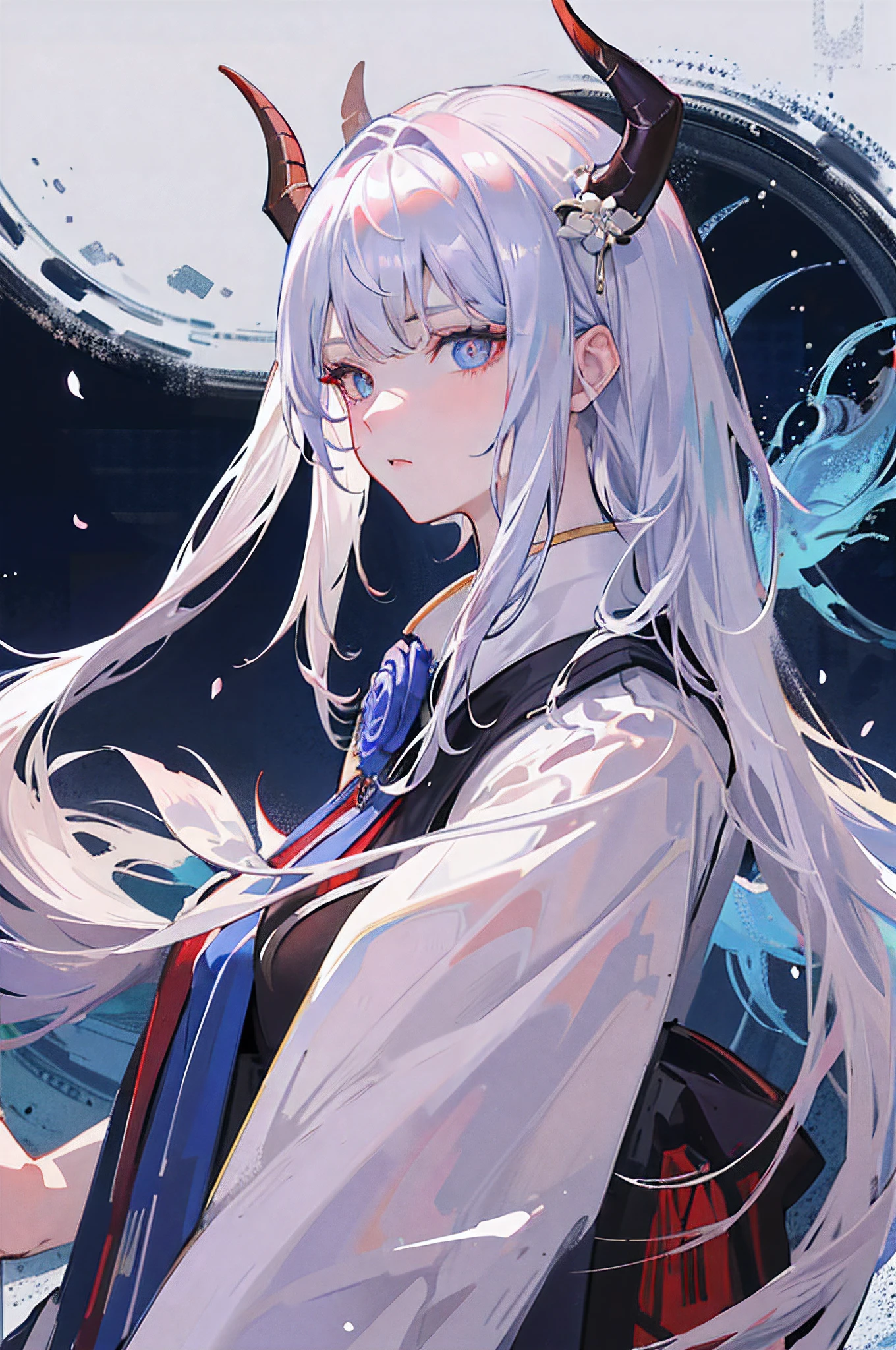 (best quality, high-res, masterpiece:1.2), perfect face, (serious expression), detailed eyes, elegant, (heterochromatic eyes), (curved blue horns), dragon woman, wearing a white and brown elegant kimono, cherry blossom background, long silver hair, side view, looking at viewer, snowy background