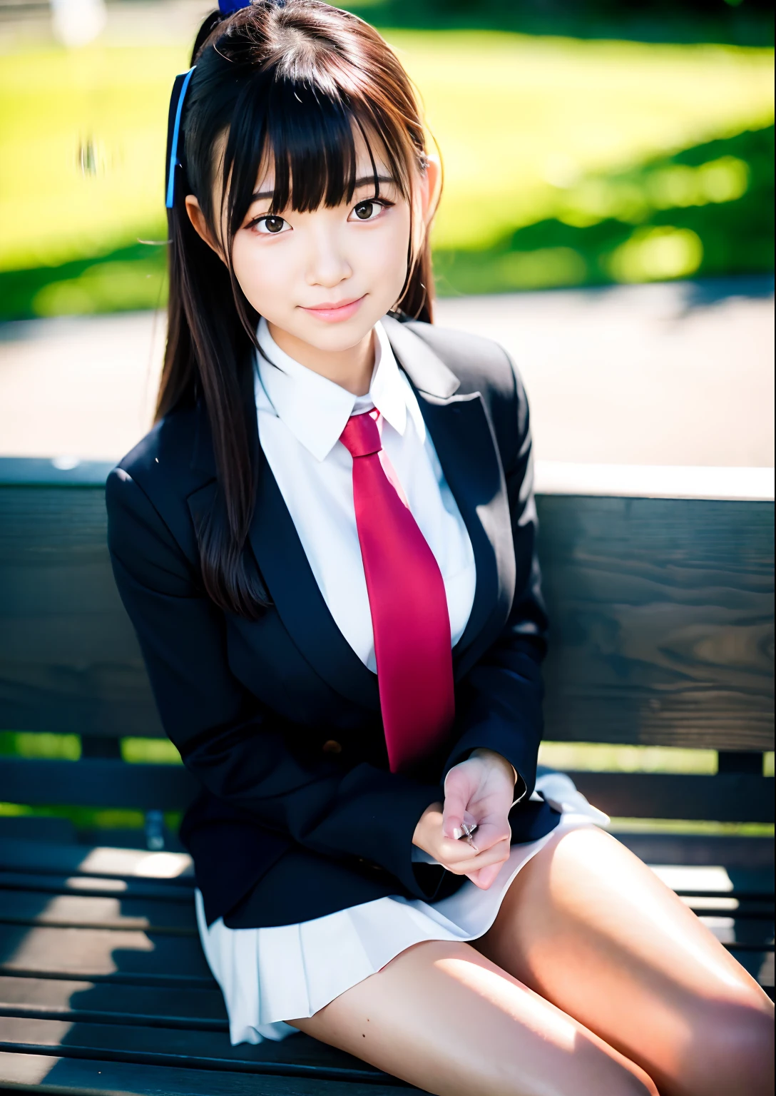 (masutepiece, Best Quality:1.2), 8K, 18year old, 85 mm, Official art, Raw photo, absurderes, White dress shirts, Pretty Face, close up, Upper body, violaceaess, gardeniass, Beautiful Girl, School uniform, (Navy pleated skirt:1.1), Cinch West, thighs thighs thighs thighs, Short sleeve, Classroom, Sit on a bench seat, Looking at Viewer, No makeup, (Smile:0.4), Film grain, chromatic abberation, Sharp Focus, face lights, clear lighting, , Detailed face, Bokeh background, (dark red necktie:1.1)、medium breasts