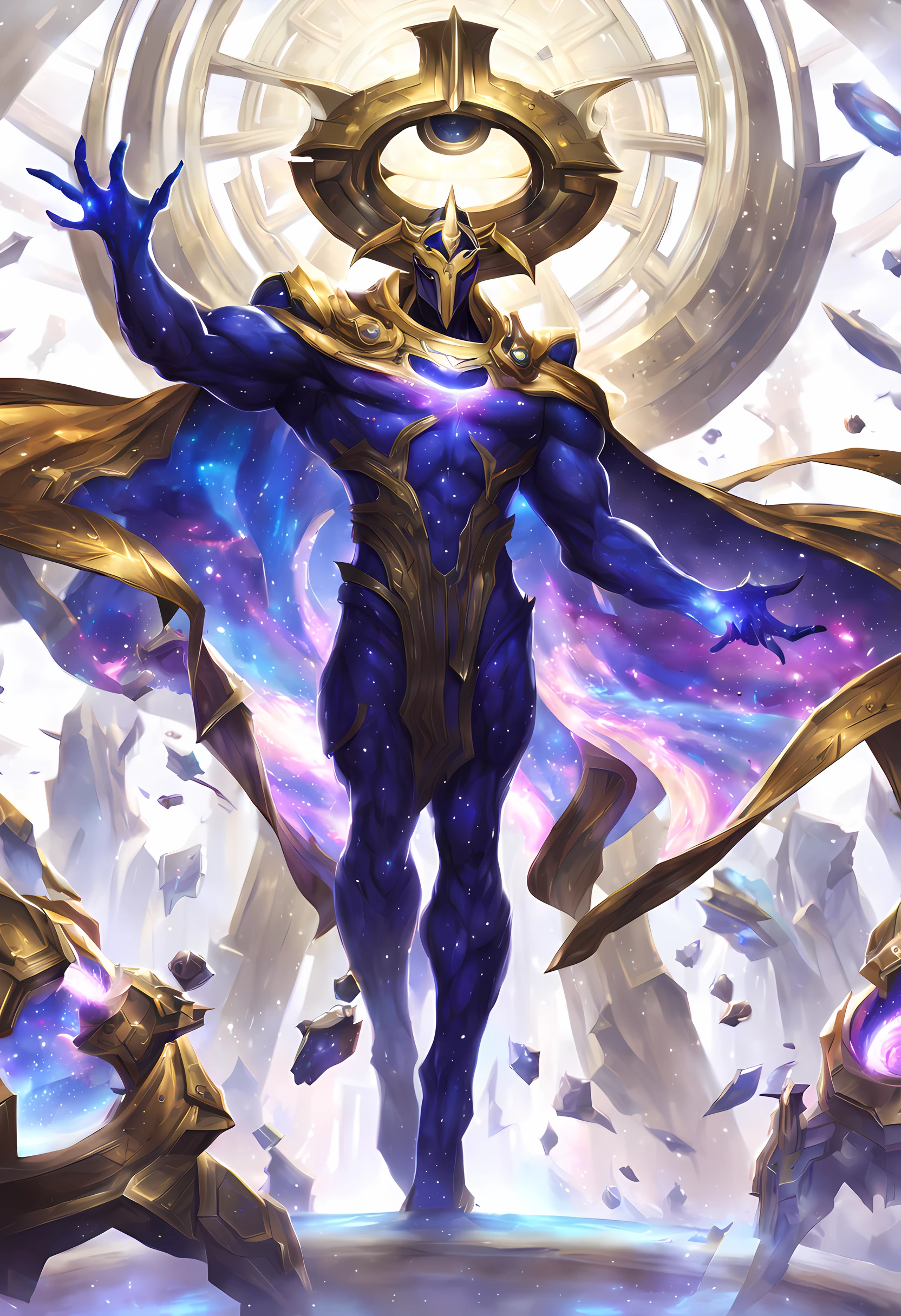 best aesthetic,lolsplashart,league of lgends,body composed of galaxies,galaxy body,god like body,musclar body,final boss,golden attire,standing,white background,galaxies swirling inside body,cape