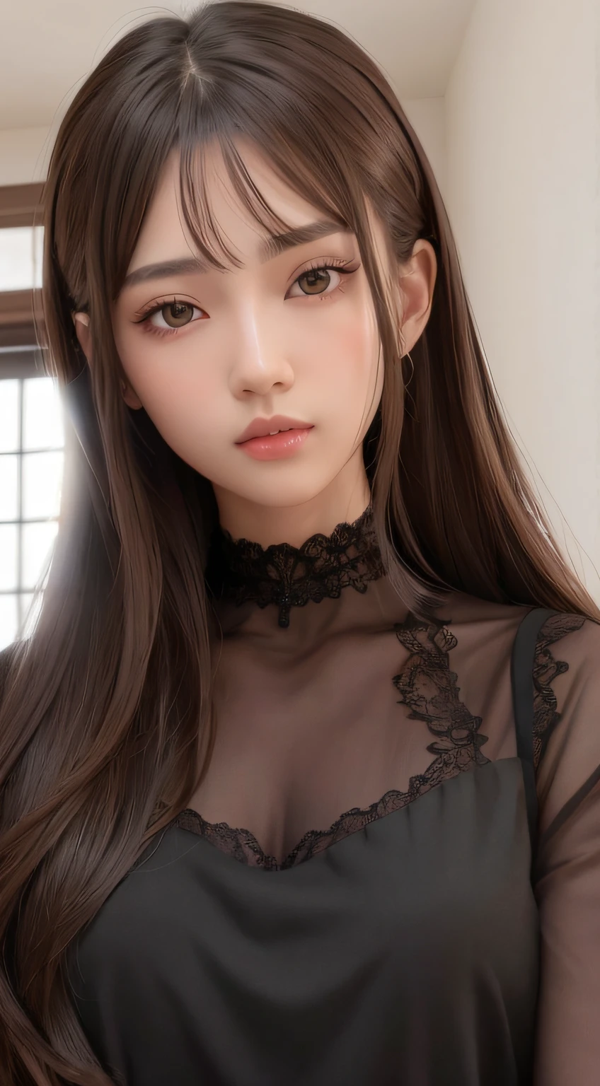 excellent、​masterpiece、Golden Eyes、Black clothe、look up to、The upper part of the body、brown haired、light skinned、(Aesthetic、pure beauty)、(flawless、Location Details)、skinny face、Inverted triangle face、sharp eye、(Shy smile:0.6)、Black lace bodiceous、Bedrooms、Bright lighting、(femele、epic beauty、overhead lens、exquisite character art)