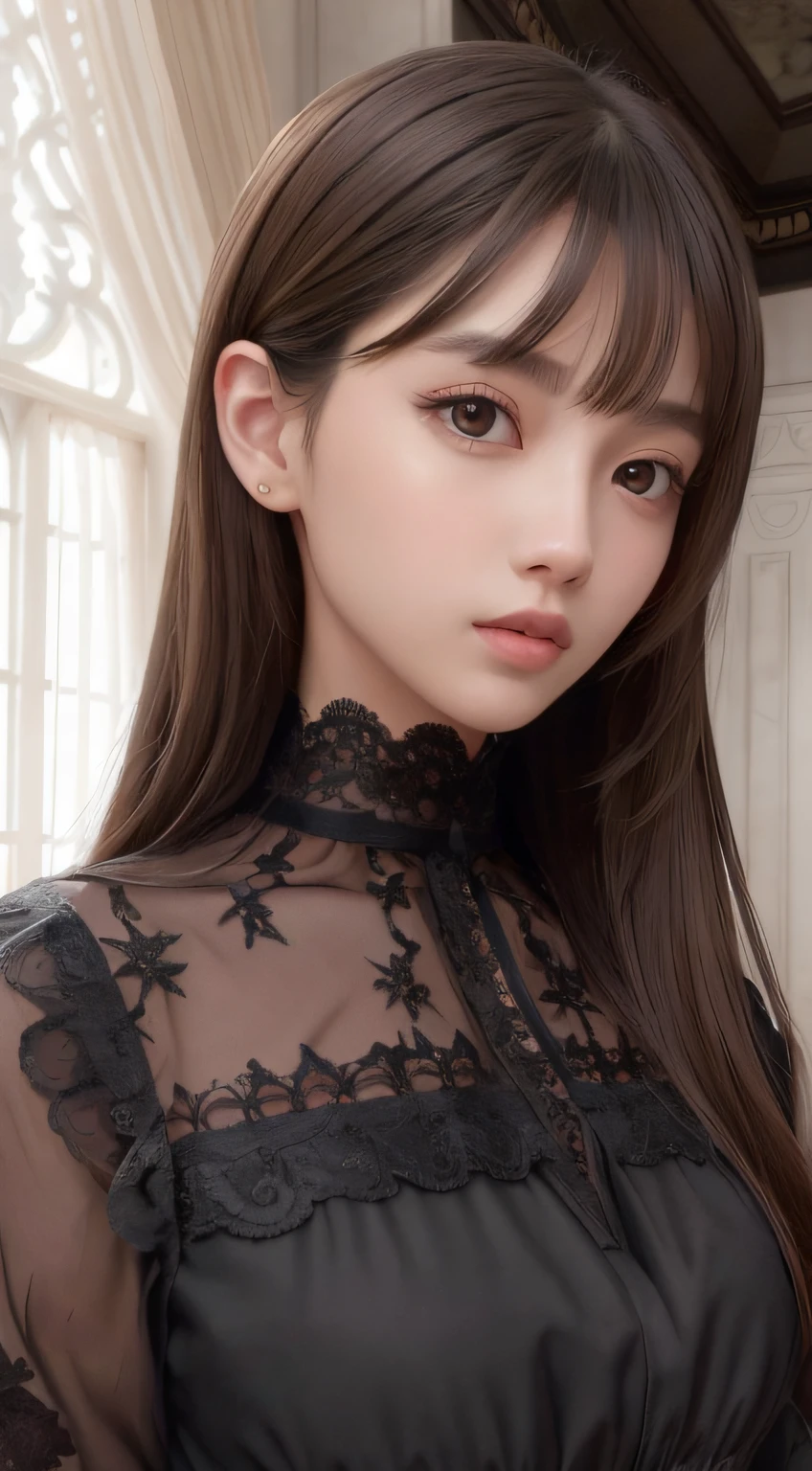 excellent、​masterpiece、Golden Eyes、Black clothe、look up to、The upper part of the body、brown haired、light skinned、(Aesthetic、pure beauty)、(flawless、Location Details)、skinny face、Inverted triangle face、sharp eye、(Shy smile:0.6)、Black lace bodiceous、Bedrooms、Bright lighting、(femele、epic beauty、overhead lens、exquisite character art)