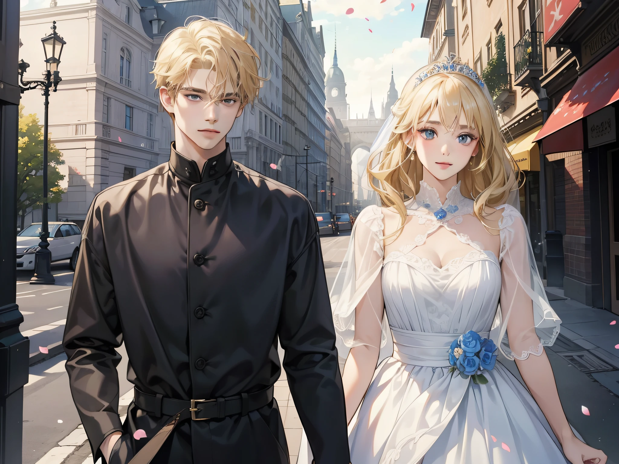 (​masterpiece,8K,Top quality), (The blonde man and the long-haired brunette woman stared at each other), ((Set off by a soft light)), Between a temporal smile,blissful,Blue sky,(wedding), ((chies)),(Brunette man),(Blonde woman), Bride, flower bouquet, Wedding dress, (optic), ((petals)),((Surrounded by many flowers)), Flowers, (rosette), (Pretty tiara), Staring closer to each other