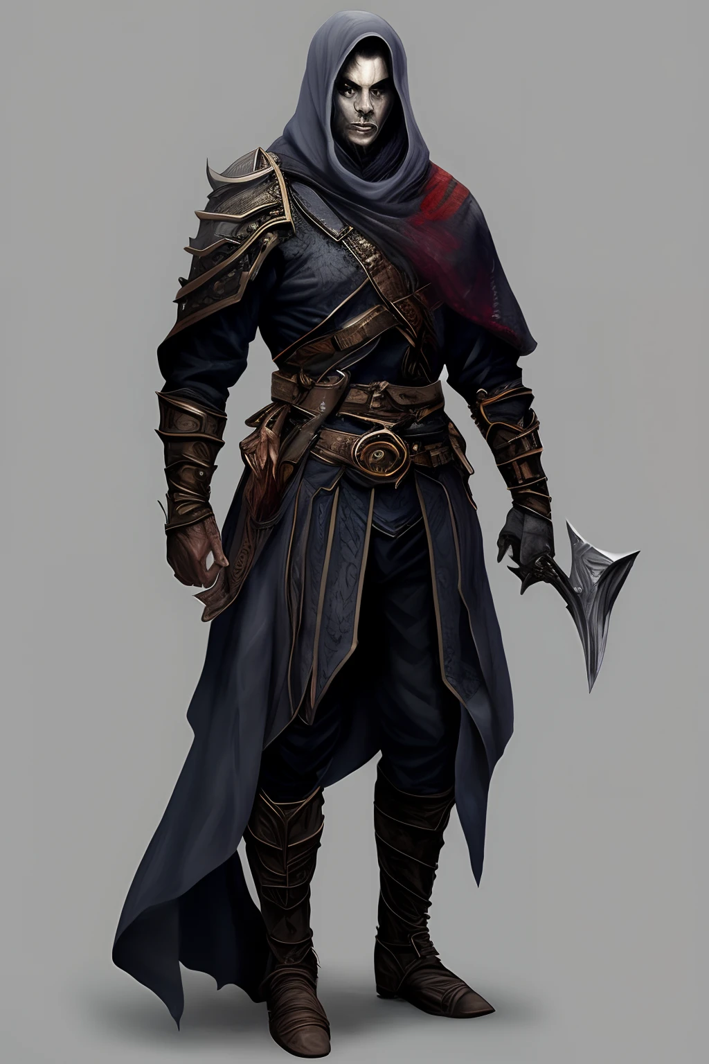 Dark rogue, DnD art, dark tiefling, male, cloaked, black clothes, black hair, grey skin