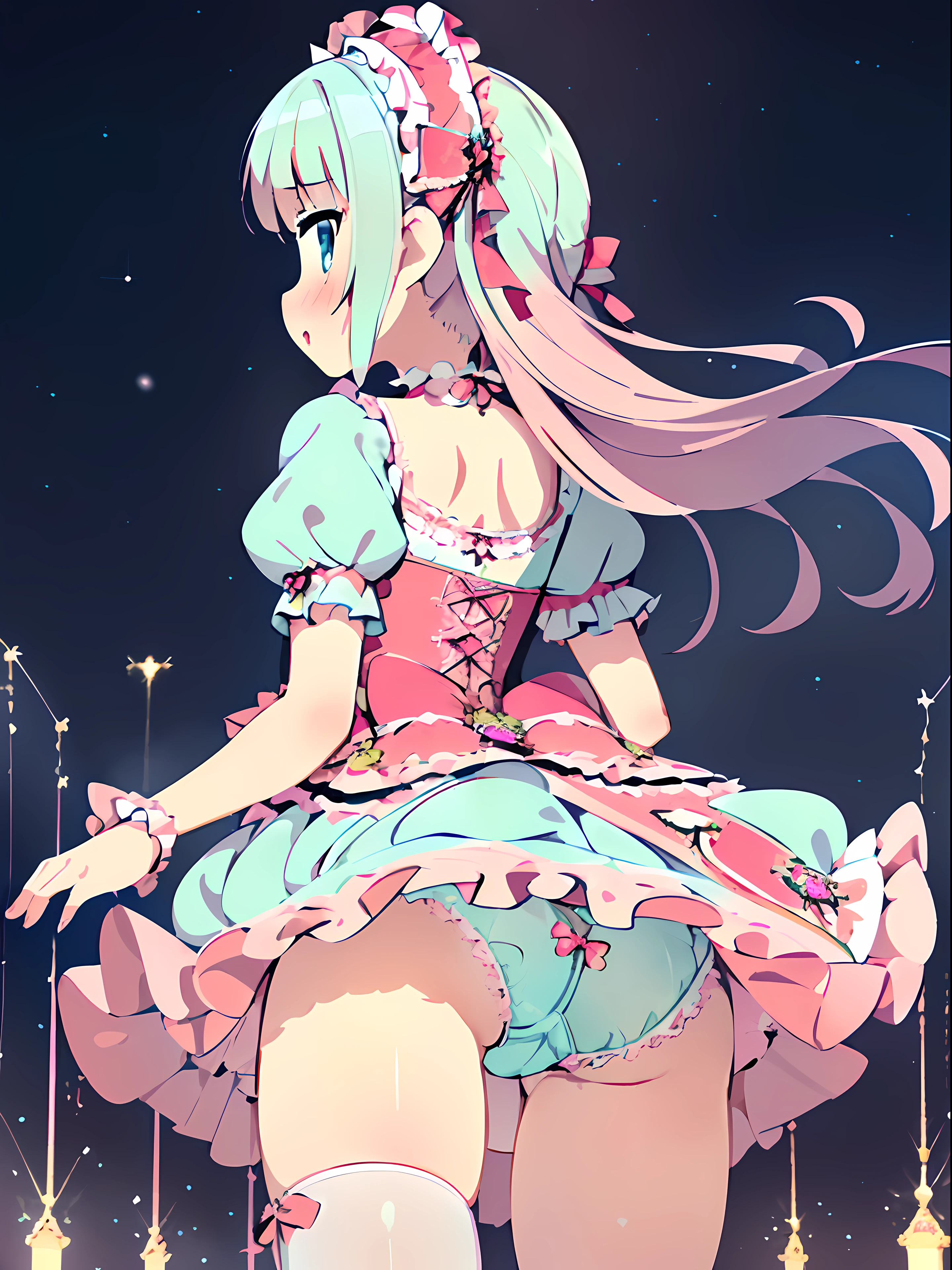 (masterpiece:1.2), best quality, highres, original, (extremely detailed:1.2), ultra-detailed, wallpaper, perfect lighting,(extremely detailed CG:1.2), 8k, 1girl, solo, sweetlolita, (pink dress, ta Fashion:1.24), shiny fabric, from behind, back-angle, (low-angle, from below:1.17), (pantyshot, detailed lightblue panties:1.34)