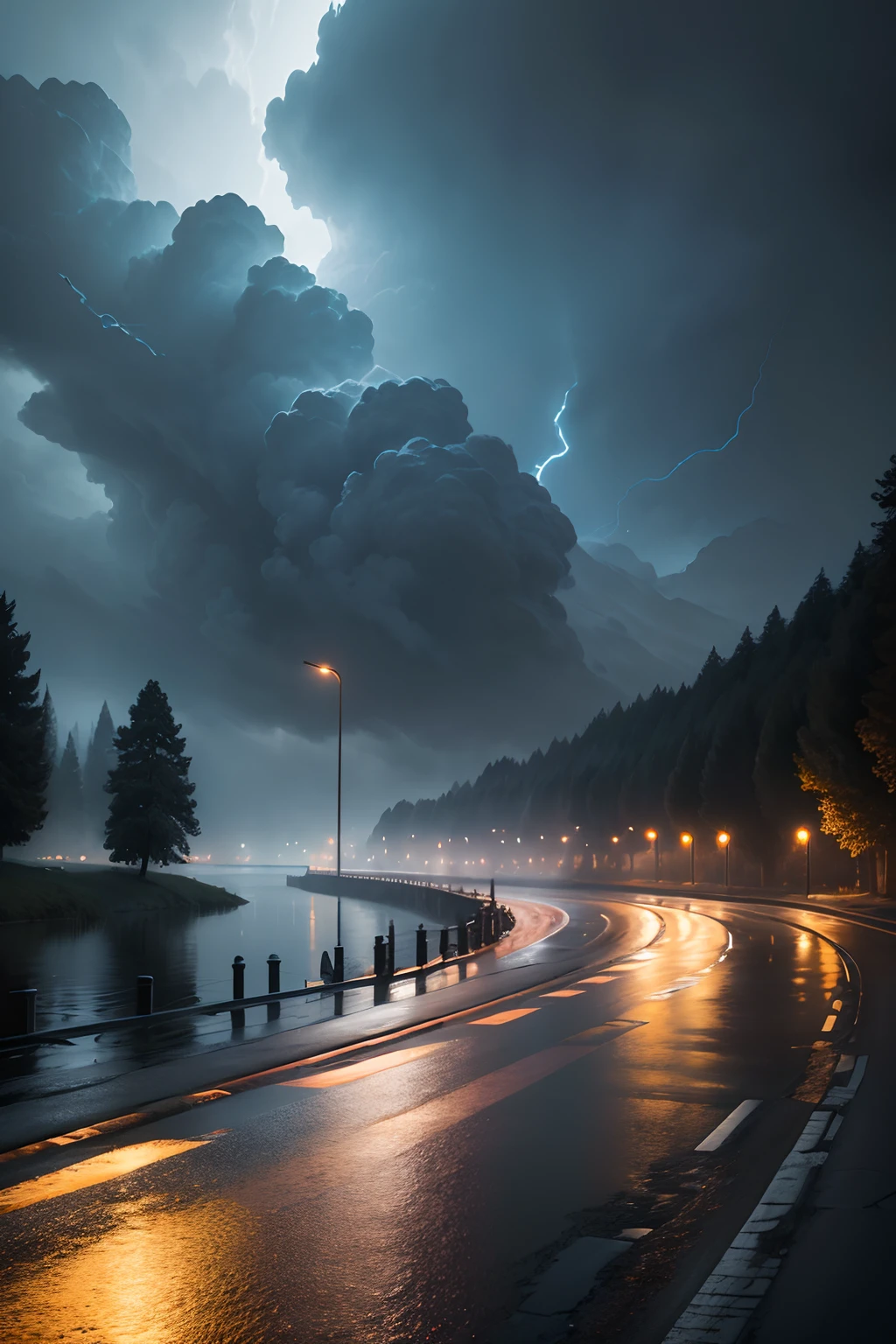 (UHD, masterpiece, super detail, high details, highres, 8k,) violent storm, streetview, Water on the road,The trees are shaking. It was dark,