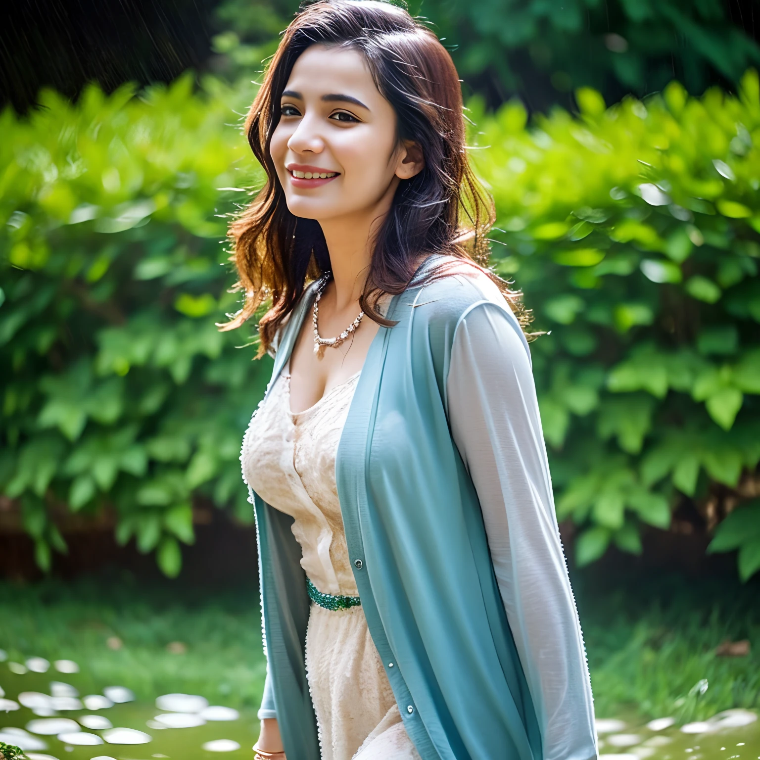 Arabic Woman walking in summer rain, ((in city park)), ((fully clothed)),, ((rain)), long pale summer dress, light grey cardigan, bracelets, jewelry, beads, closeup fantasy with water magic, housewife, overcast, humid, tropical, summery palette, playful, gentle smile, clothes made of water, photorealistic, dripping wet, beautiful realistic photo, hyperrealistic fantasy photo, close up, narrow depth of field, 8k, ((drenched)), ((soaked)), (dripping water), dripping oil, heavy clothes, soaked in oil, medium breasts, lawn, wet all over, wet dripping hair, varied poses