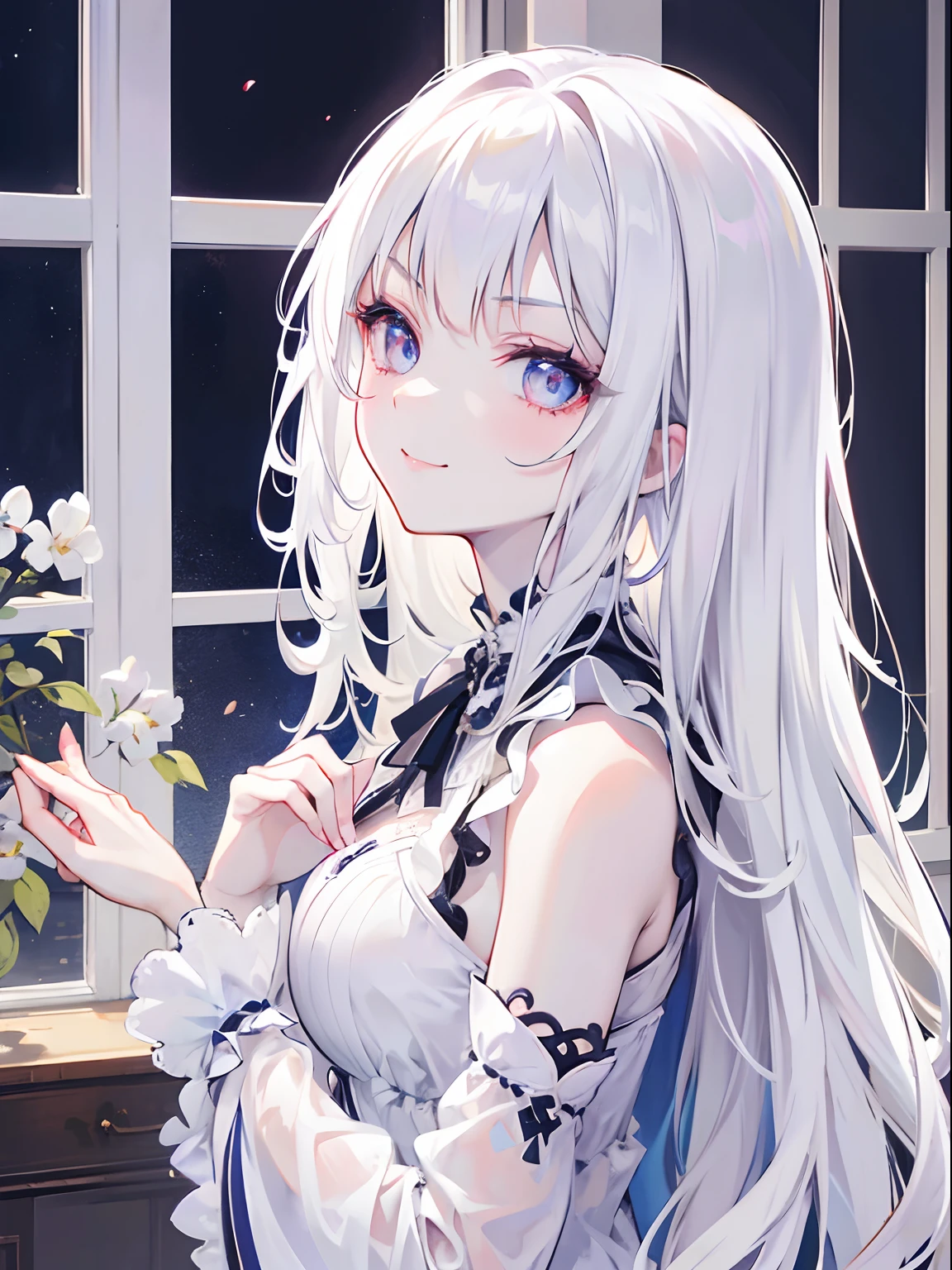 masutepiece, Highest Quality, (Perfect face:1.1), (high detailing:1.1), (ultradetailed eyes), Dramatic,  superfine illustration, Extremely detailed, 1girl in, (pale skin), long white hair, Ethereal eyes, (light eyebrow), ((Lovely smile)), Solo, Long hair, Pouty lips, Proud Expression, Cinematic lighting, Looking at Viewer, upper body, from side,room,bedside,window