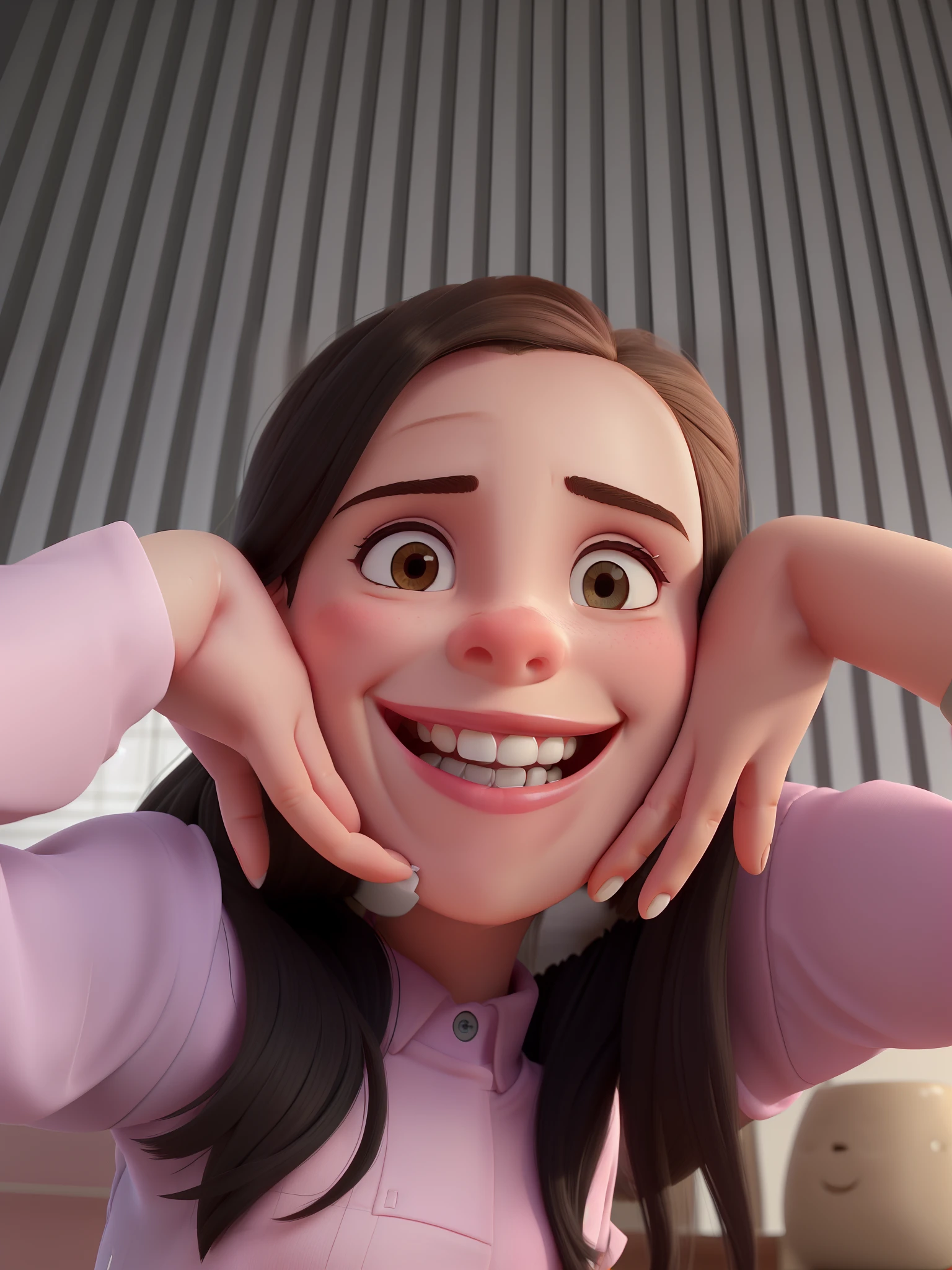 Girl with hands on head and a pink shirt, dentes redondos e rosto pateta, pequeno sorriso largo, she is smiling and excited, sem dentes, she is smiling and happy, com dentes afiados, dentes dianteiros grandes, mostrando dentes, pequeno sorriso, She is grinning, sorriso muito grande, grande sorriso em seu rosto, dentes ausentes