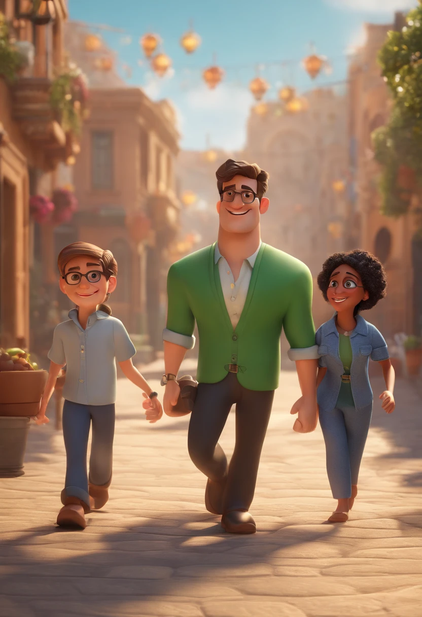 cartoon character, a young man is in the middle, wearing dark glasses, short-sleeved white shirt. Accompanied by a father on the left, wearing a light green shirt, wearing a hat, black pants. With mother on the right, hijab, wearing a black robe. um personagem animado, Caractere estilizado, animation style rendering, 3D estilizado, Arnold Maya render, 3 d render stylized, toon render keyshot, Personagem 3D, Personagem 3D, 3d rendering stylized, 3 d character render, personagem de desenho animado, Personagem de close up, Pose de personagem, (Estilo Pixar) (master part:1.2) (Bokeh) (best quality) (pele detalhada) (textura detalhada) (8k) (argila) (Cinematic lighting) (foco nítido,Senta e vaza a parte superior do corpo