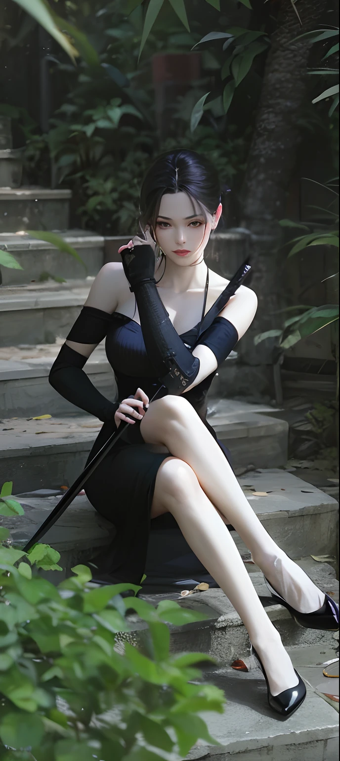 tmasterpiece,best qualityer,Realisticstyle,There was a woman sitting on the steps with a sword, Anime girl cosplay, Anime girl wearing black dress, she is holding a katana sword, Anime cosplay, classical witch, elegant cinematic pose, very beautiful cyberpunk samurai, Japanese goddess, full-body wuxia, fashionable dark witch, beautiful age girl